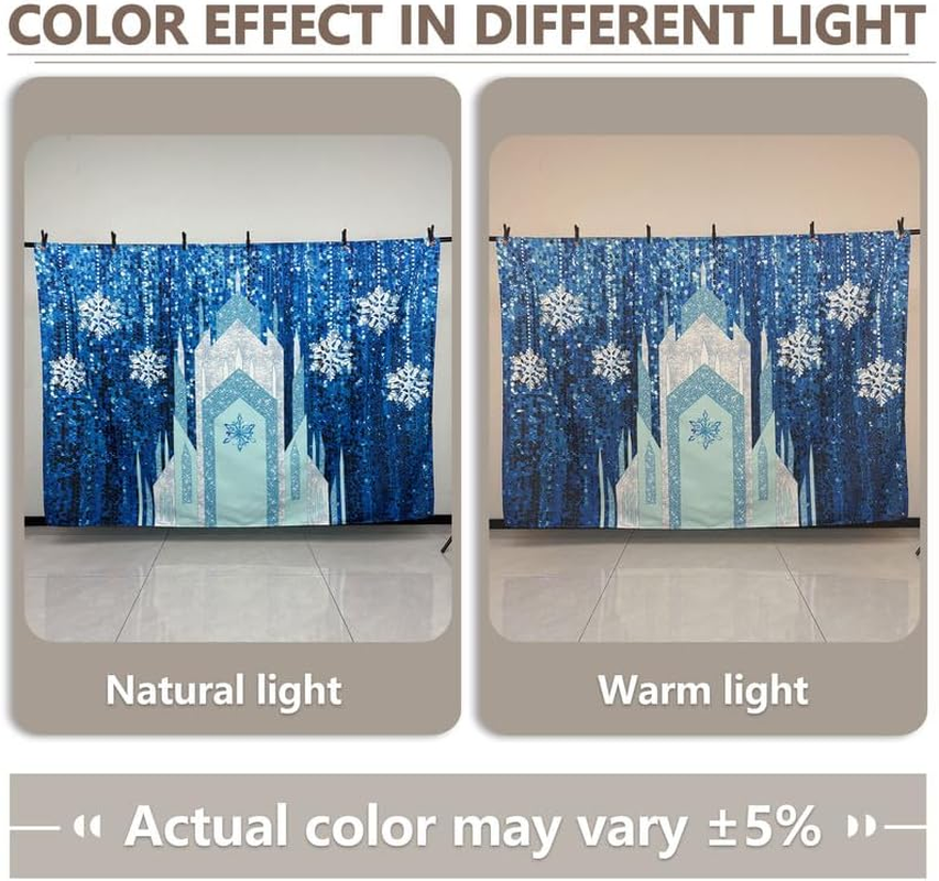 ZTHMOE 7X5Ft Fabric Ice Snow Castle Backdrop Girl Birthday Party Princess Decoration Cake Table Banner Snowflake Curtain (No Glitter No Sequin) Winter Photo Prop