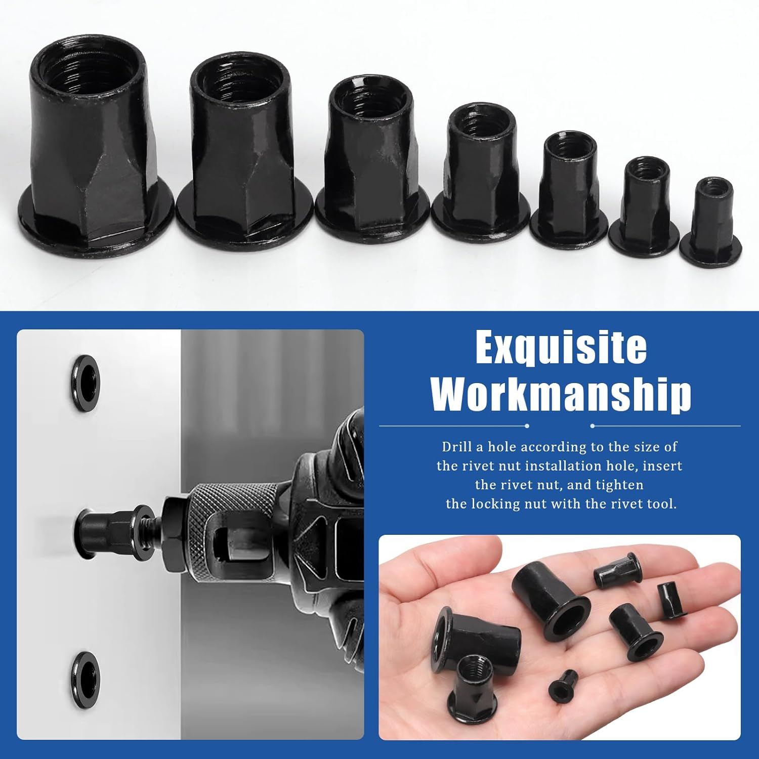 Glarks 250Pcs Thread Half Hexagonal Rivet Nuts Set M3 M4 M5 M6 M8 M10 M12 Black Zinc Plated Carbon Steel Flat Head Rivnut Threaded Insert Rivet Nuts for Construction Industrial image number 1