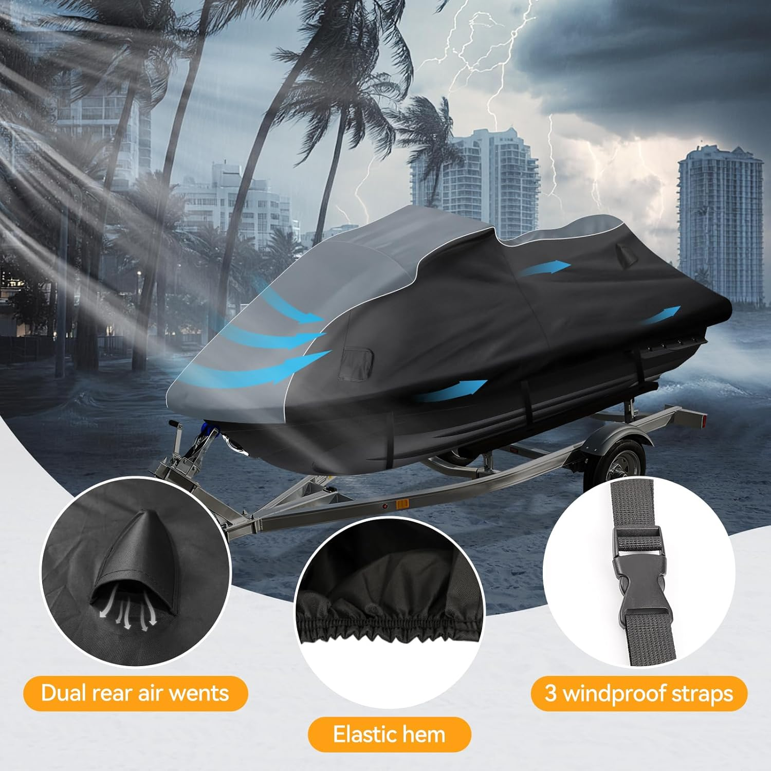 Waterproof Jet Ski Cover for Yamaha 2019-2024 FX SVHO/FX HO Model, 600D Oxford UV Protection Jetski Waverunner Covers with Air Vents image number 4
