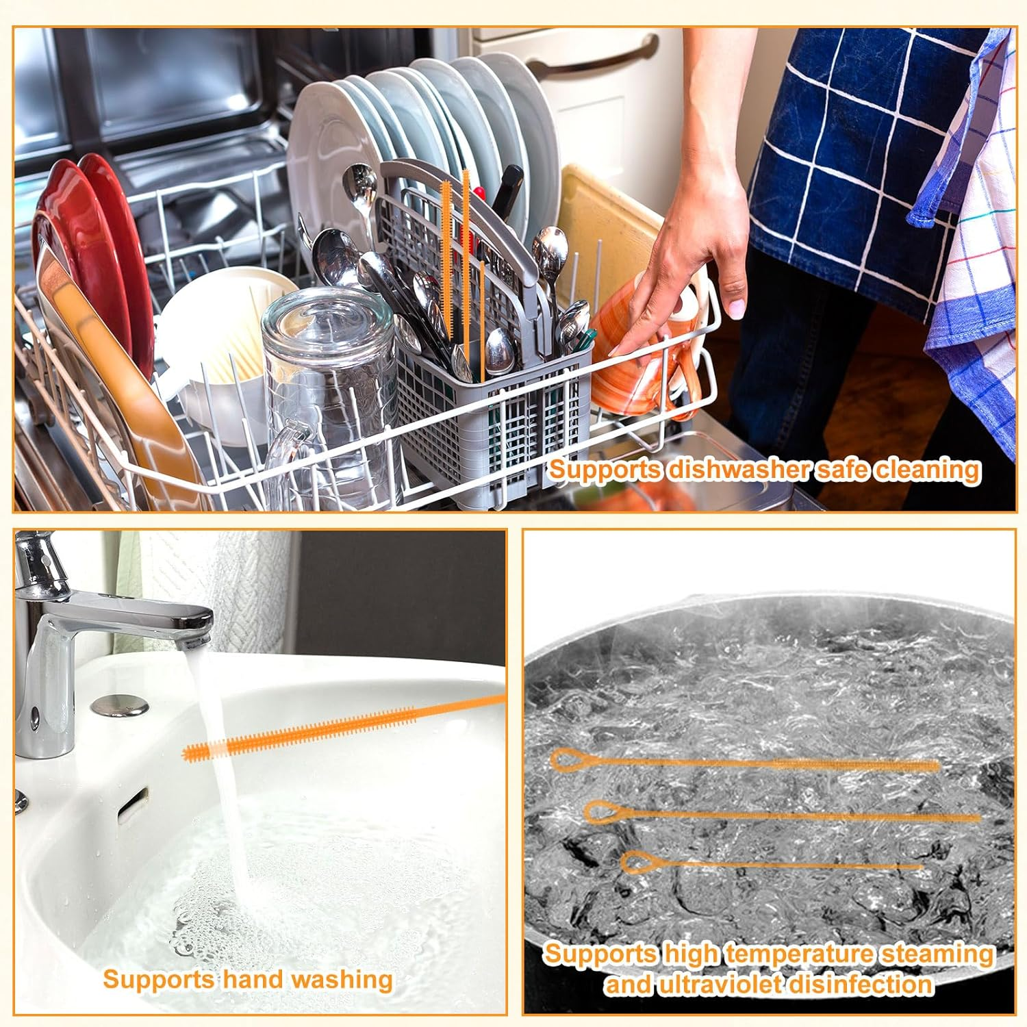 3Pcs Silicone Straw Cleaner Brush Set, Reusable Extra Long Straw Cleaning Tool with 3Mm 6Mm 9Mm Multi-Size Cleaning Accessories for Stanley Cup Water Bottle (Orange)