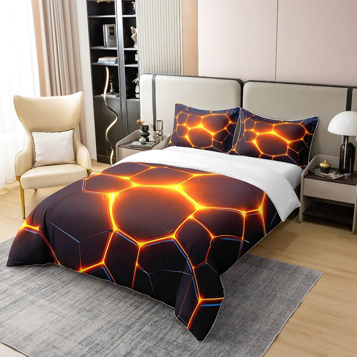 Neon Hexagon 100% Cotton Duvet Cover for Children, Geometry Print Comforter Cover 135 X 200, Black Beehive Bedding Set, Geometric Square Bed Linen Cover with 1 Pillowcase Lightweight image number 6