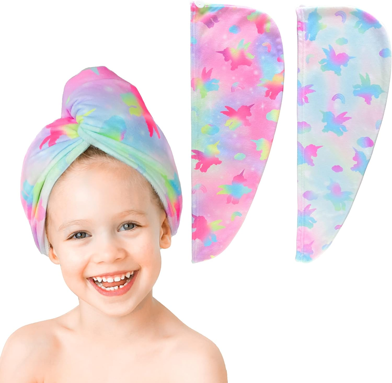 ELLEWIN Microfiber Hair Towel Wrap for Kids Girls 2 Pack Turban Drying Women Set Absorbent Quick Dry Twisty anti Frizz Curly Long Thick (Mermaid) Galaxy&Multicolor-Normal-2Pack One Size