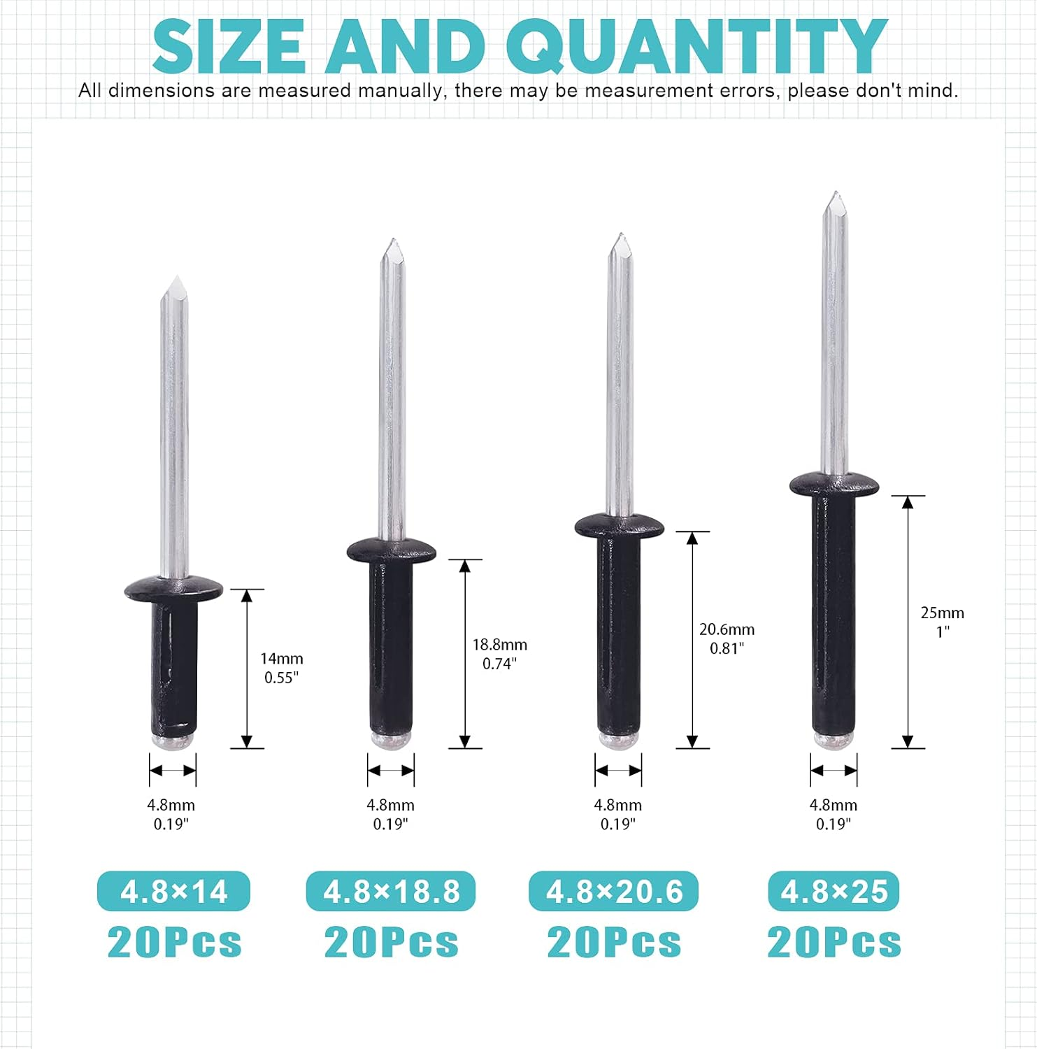 80Pcs 3/16" Long Grip Tri-Grip Rivets Tri-Fold Tri Bulb Long Pop Mounting Rivet Kit for Kayak and Boat Accessories image number 3