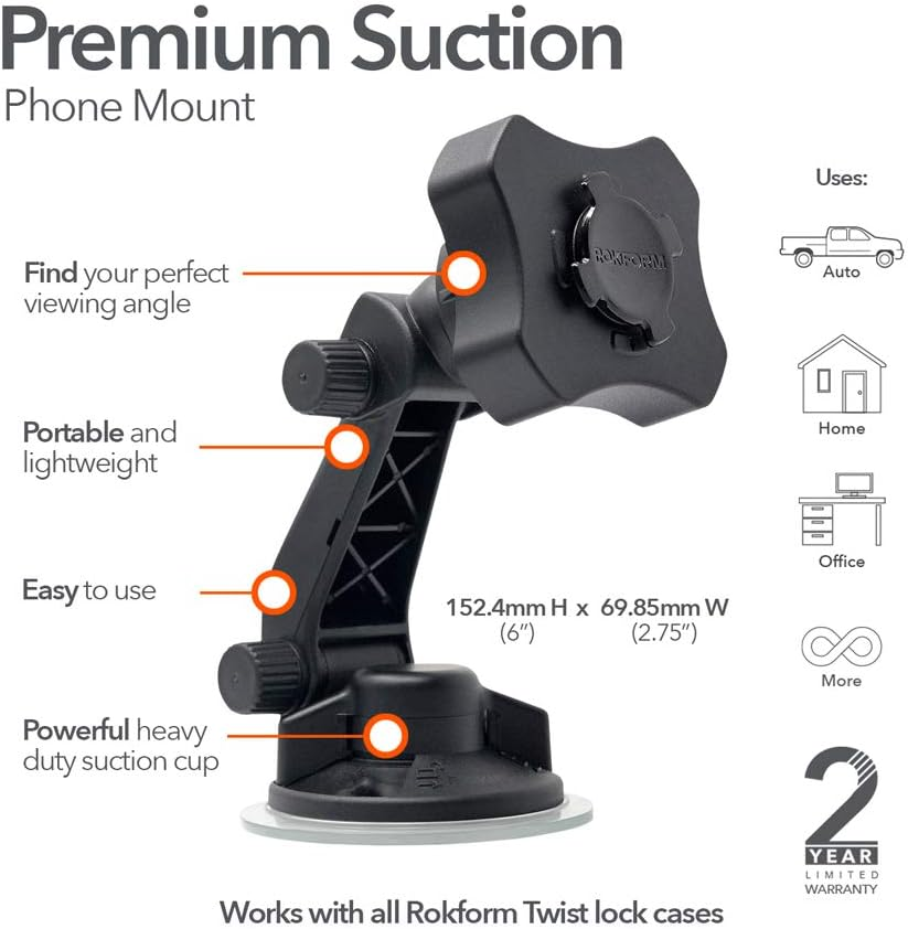 ROKFORM Adjustable Windshield Suction Cup Phone Mount/Holder Works with All Rokform Roklock Twist Lock Cases, Black image number 2