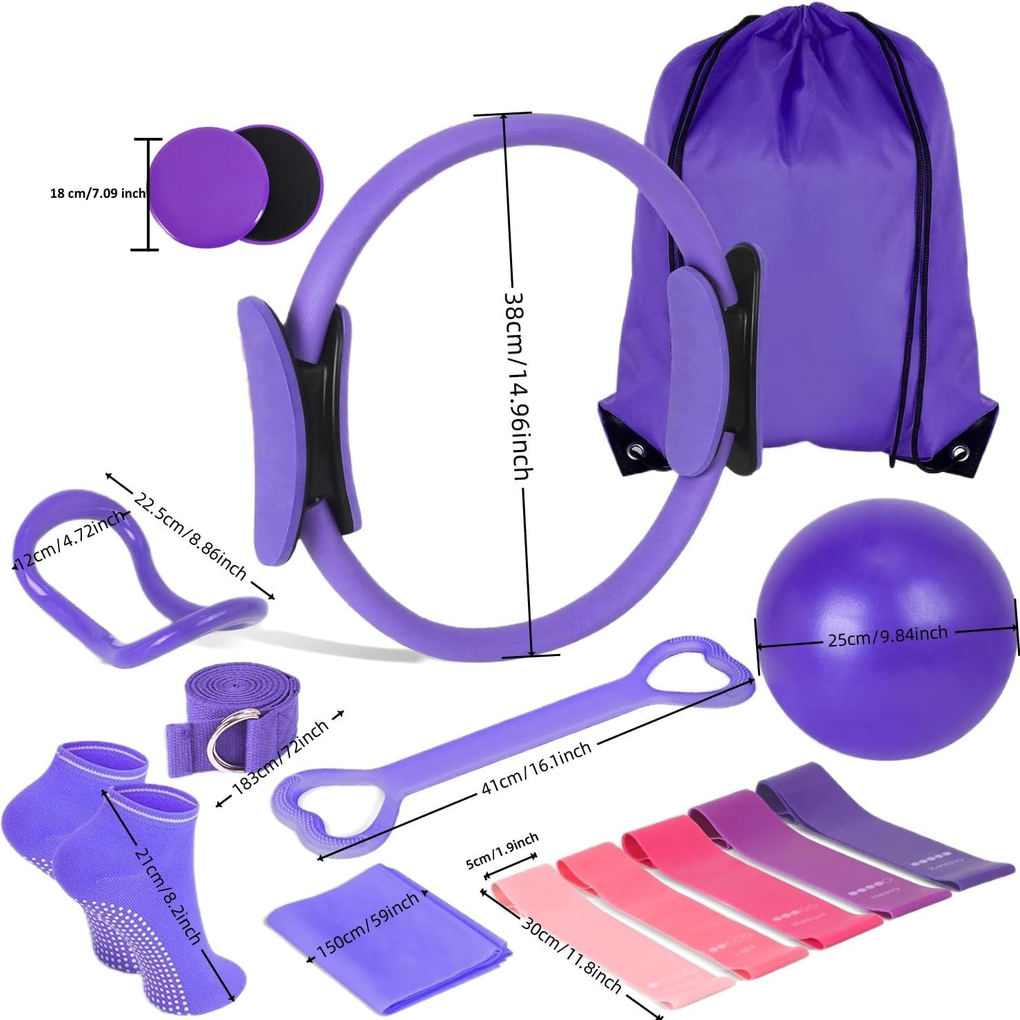 BAGBABA Pilates Essentials Kit for Women &ndash; 15Pcs Home Pilates Set with Ring, 9.8&rdquo; Ball, 5 Resistance Bands, Magic Circle, Accessories, Sliding Discs and Mat &ndash; Beginners Full Body Toning Workouts image number 6