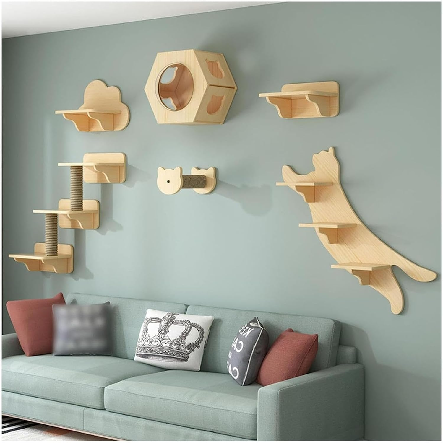Wall-Mounted Cat Climber Set Cat Wall Shelves Cat Condo Wood Indoor Cat Tower with Cat Shelves image number 3