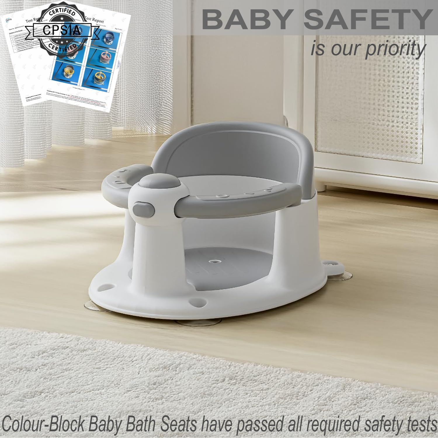 Baby Bath Seat for Babies 6 Months & Up, Non-Slip Toddler Bath Seats for Babies Sitting Up, Safe Infant & Newborn Bathtub Chair with 4 Suction Cups & Soft Cushion for Shower (Cloudy Grey) - Baby Pink image number 6