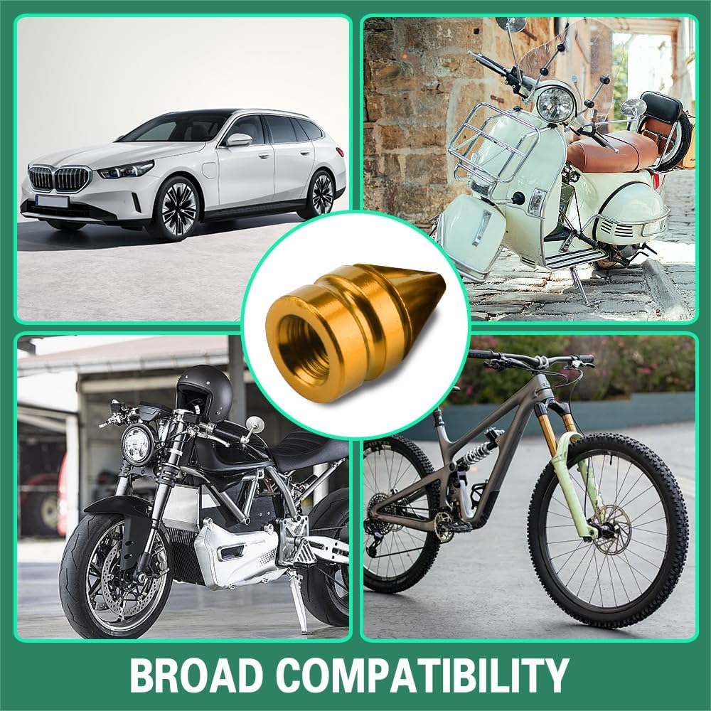 4PCS Tire Valve Caps, Tire Valve Stem Caps, Spiked Aluminum Stem Valve Caps with Plastic Liner Corrosion Resistant Leak-Proof, Universal Car Accessories Universal for All Vehicles (Gold)