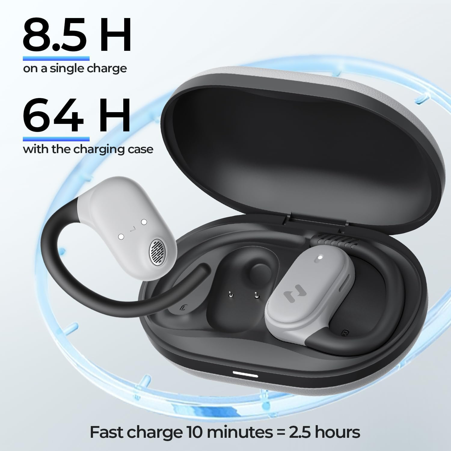 Havit OWS915 Open-Ear Headphones, 64H Playtime Open-Ear Earbuds with IPX5, Deep Bass, Powerful Sound Wireless Bluetooth Headphones - Gray image number 6