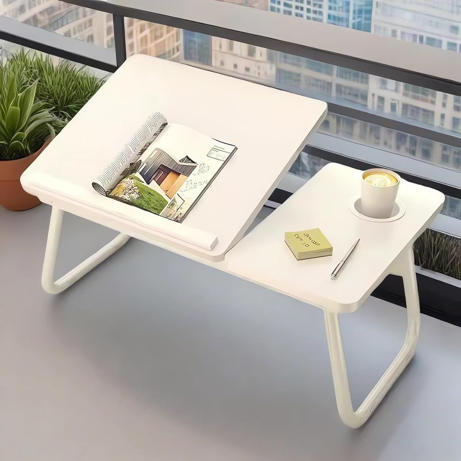 Hbluefat Folding Laptop Desk, 21.5 Inches Wood Breakfast Serving Bed Couch Tray with Adjustable Tilting Top and Cup Holder, Portable Lap Stand for Reading Writing Eating (Walnut)