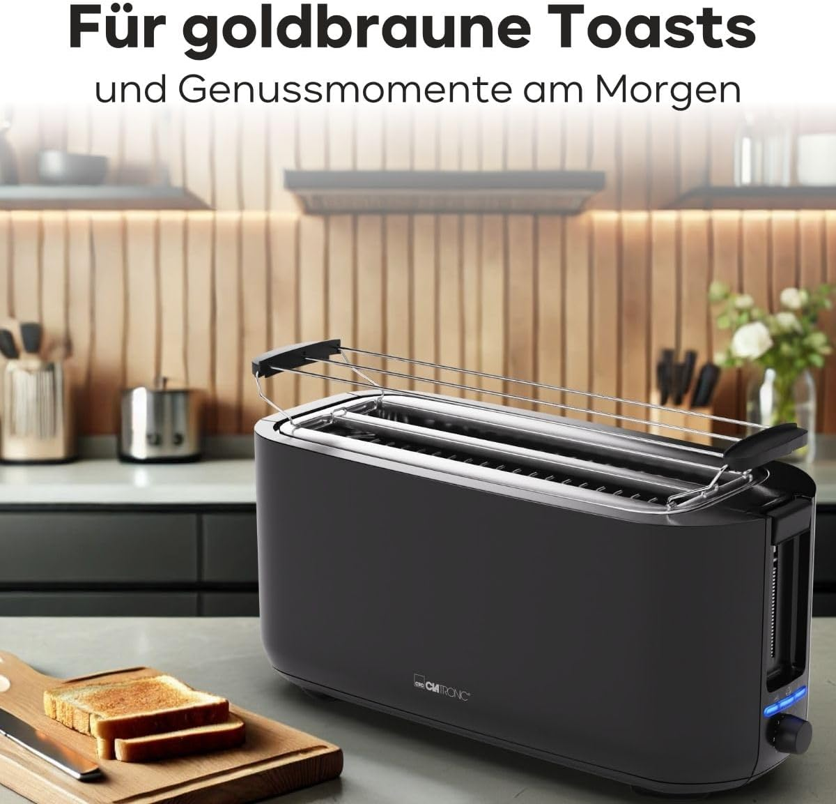 Clatronic TA3802 1400 W Black 2 Long Slot Toaster &ndash; Defrosting, Warming, Automatic Shutdown, Adjustable Browning Level, Crumb Tray, Non-Slip Feet