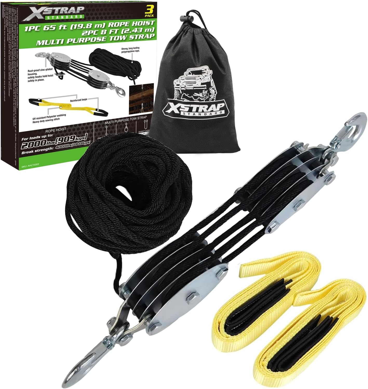 XSTRAP STANDARD Heavy-Duty 4,000 LB Breaking Strength 65 FT Rope Hoist with 2PK 8 FT Lift Sling (Black)