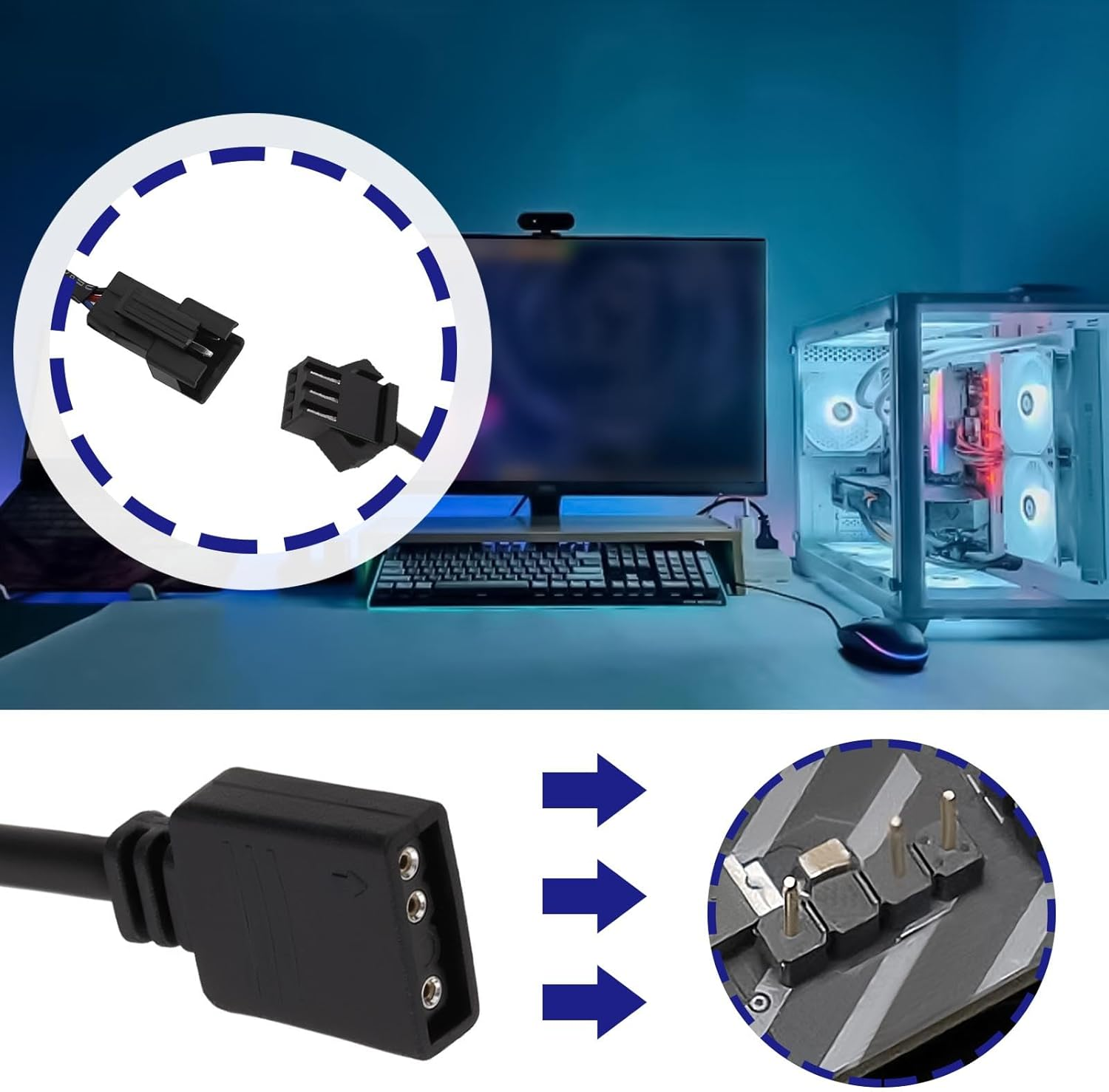 Ecsing 2Pcs 5V 3Pin ARGB Female to SM Female Adapter Cable 1 to 3 ARGB Split Cable 30CM for PC LED Strips 5 V ARGB Fan Computer Chassis image number 3