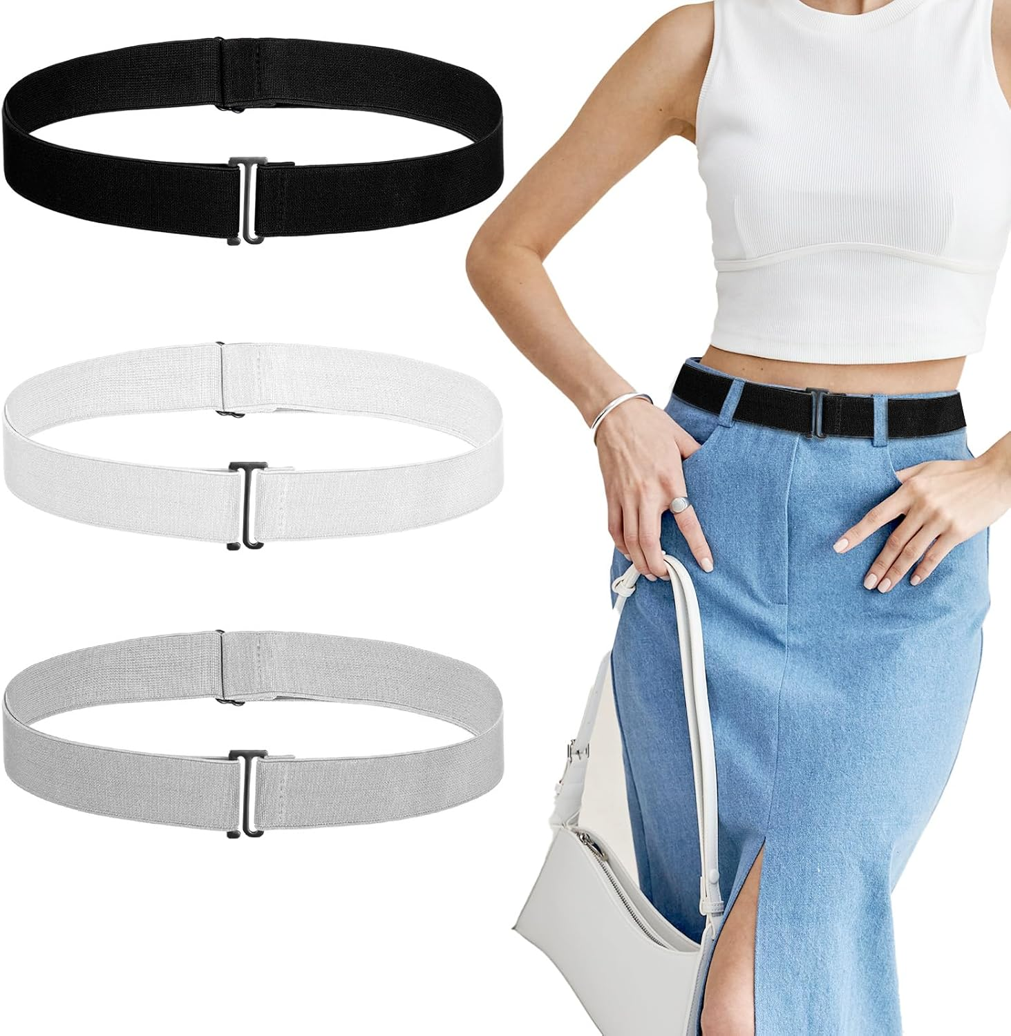Heclia 3PCS No Show Stretch Belt for Women, Elastic Stretch Belt with Flat Buckle for Pants Jeans Dresses, Adjustable Invisible Strap Belts Fashion Classic Solid Color Lady Wasit Belts
