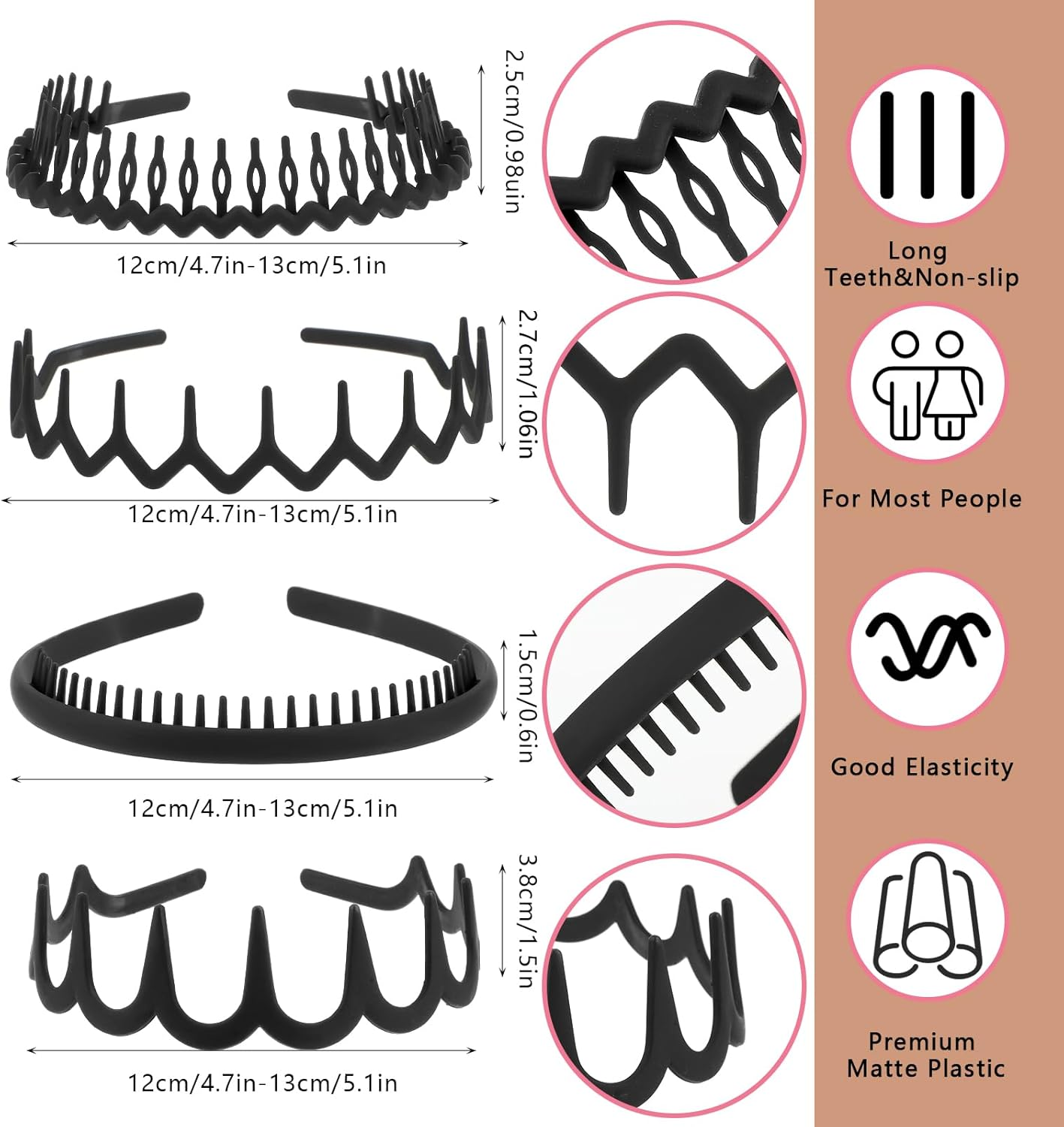 WY LIGHTING LEVEL 8Pcs No Slip Plastic Headbands Teeth Skinny Hair Hoops Comfort Wavy Shape Comb Thin Hairbands Effortless Hair Accessories for Women Men Teen Girls Decorations Styling Outdoor Sports image number 6