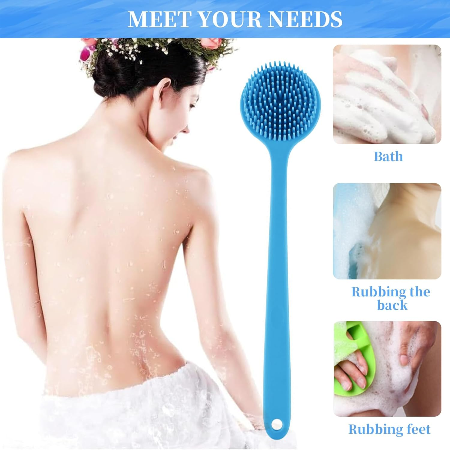 Silicone Back Scrubber for Shower, Double Sided Shower Brush for Shower Exfoliating and Massage, Body Bath Brush with Long Handle, Long Handle Back Scrubber for Men and Women, Exfoliation Brush (GRY) - Gry image number 2