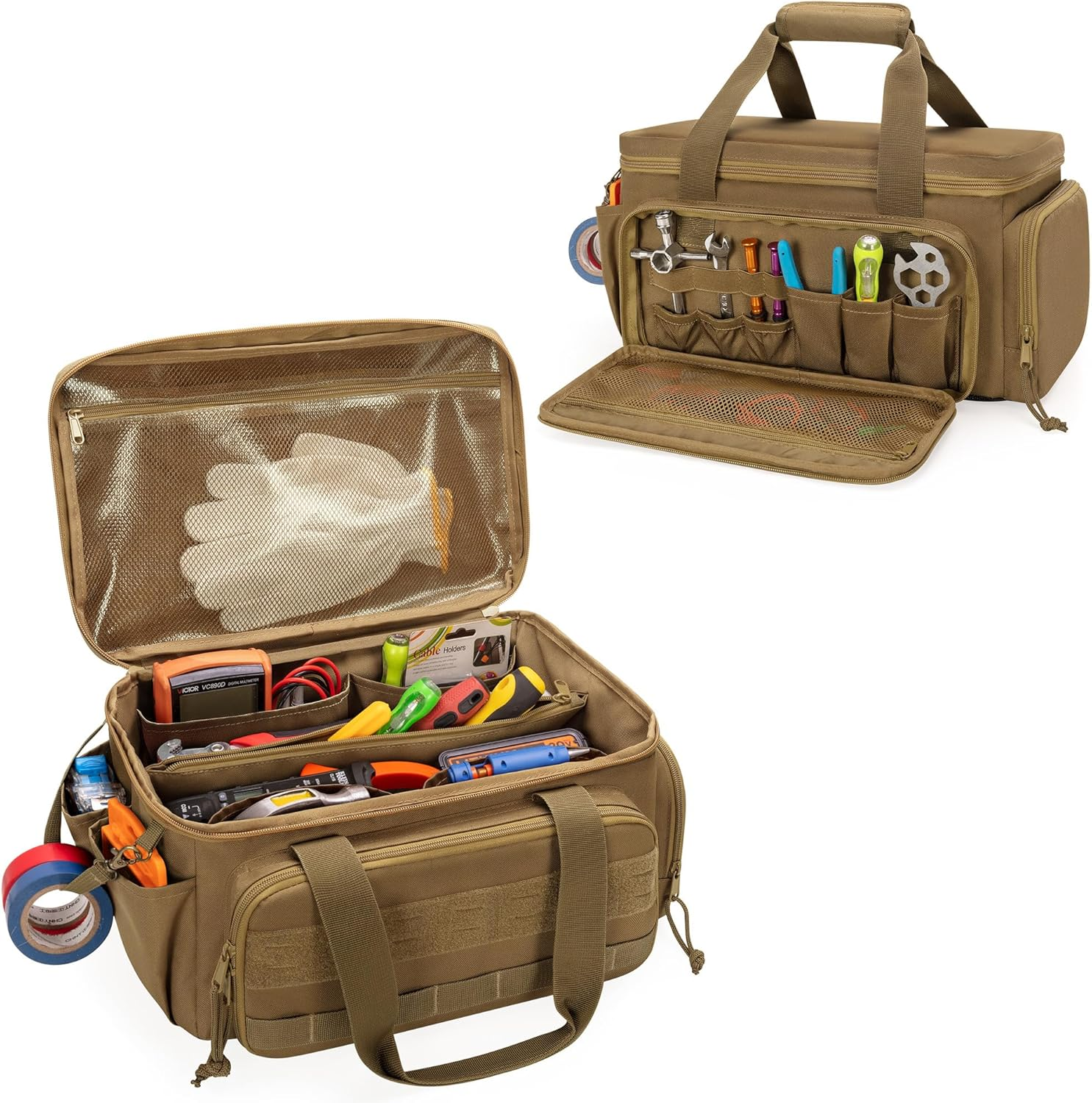 Rexmica 14 Inch Tool Bag for Men with Non-Slip and Thick Padded Base, Tool Bag Electrician, Multifunctional Work Bag for Craftsmen, Electricians, Carpenters, Khaki