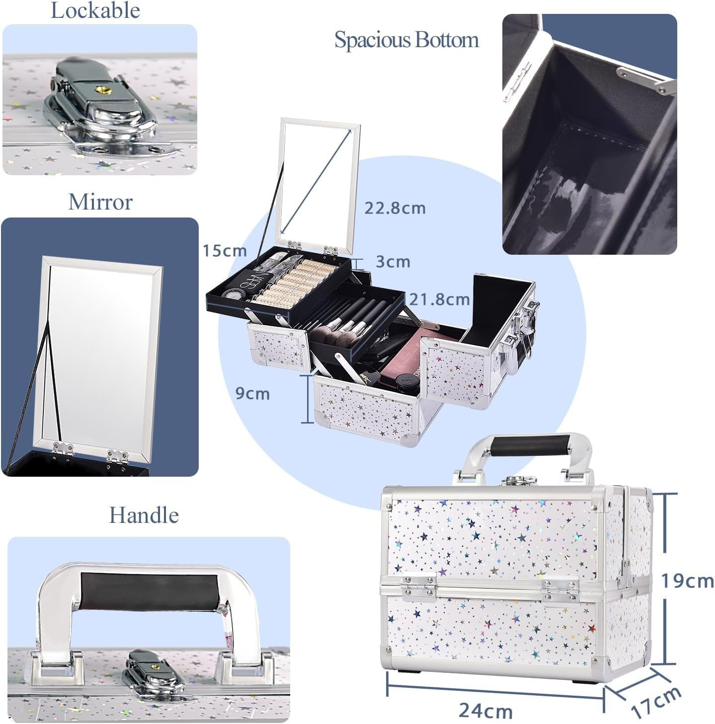Joligrace Vanity Case Makeup Box Cosmetic Case Beauty Storage Make up Organiser Jewellery Box with Mirror, Lockable with Keys, White Holographic Star, Glamorous image number 6