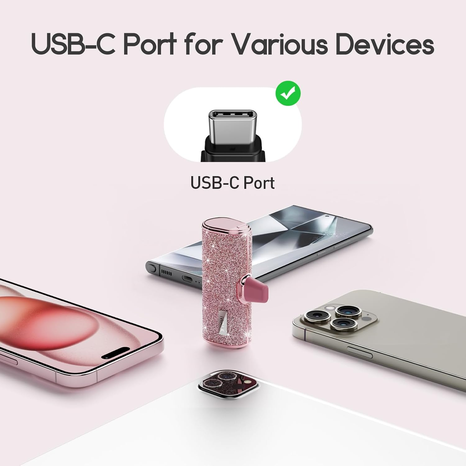 Iwalk USB C Portable Charger, 4500Mah Ultra-Compact Small Power Bank, Sparkly Battery Pack Compatible with Iphone 16/15, 16 Plus, 16 Pro, 16 Pro Max, Samsung Galaxy S25, S24, S23 Ultra Z Flip5, Pink image number 3
