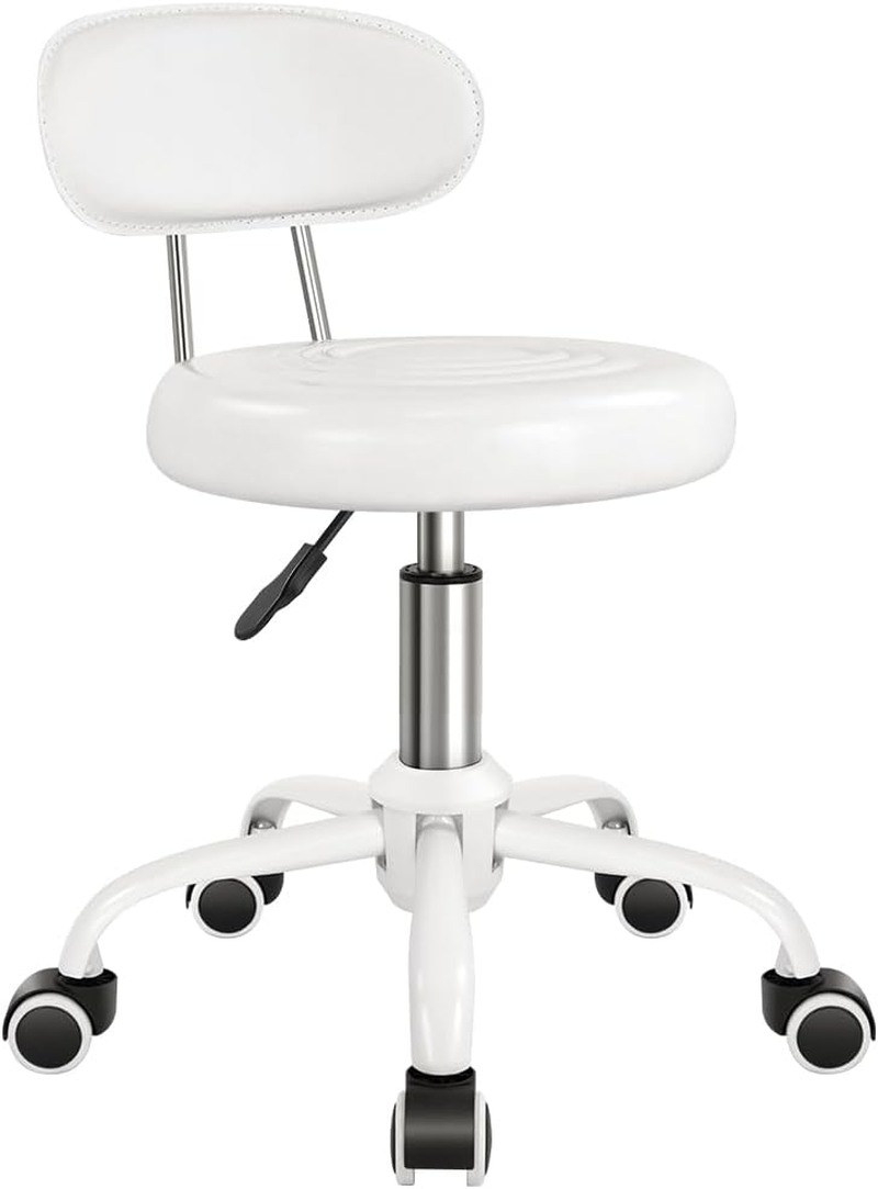 Rolling Stool with Wheels Swivel Stool with Back Height Adjustable Chair PU Leather Rolling Stools Ideal for SPA Salon Home Office Drafting Work (White) image number 3