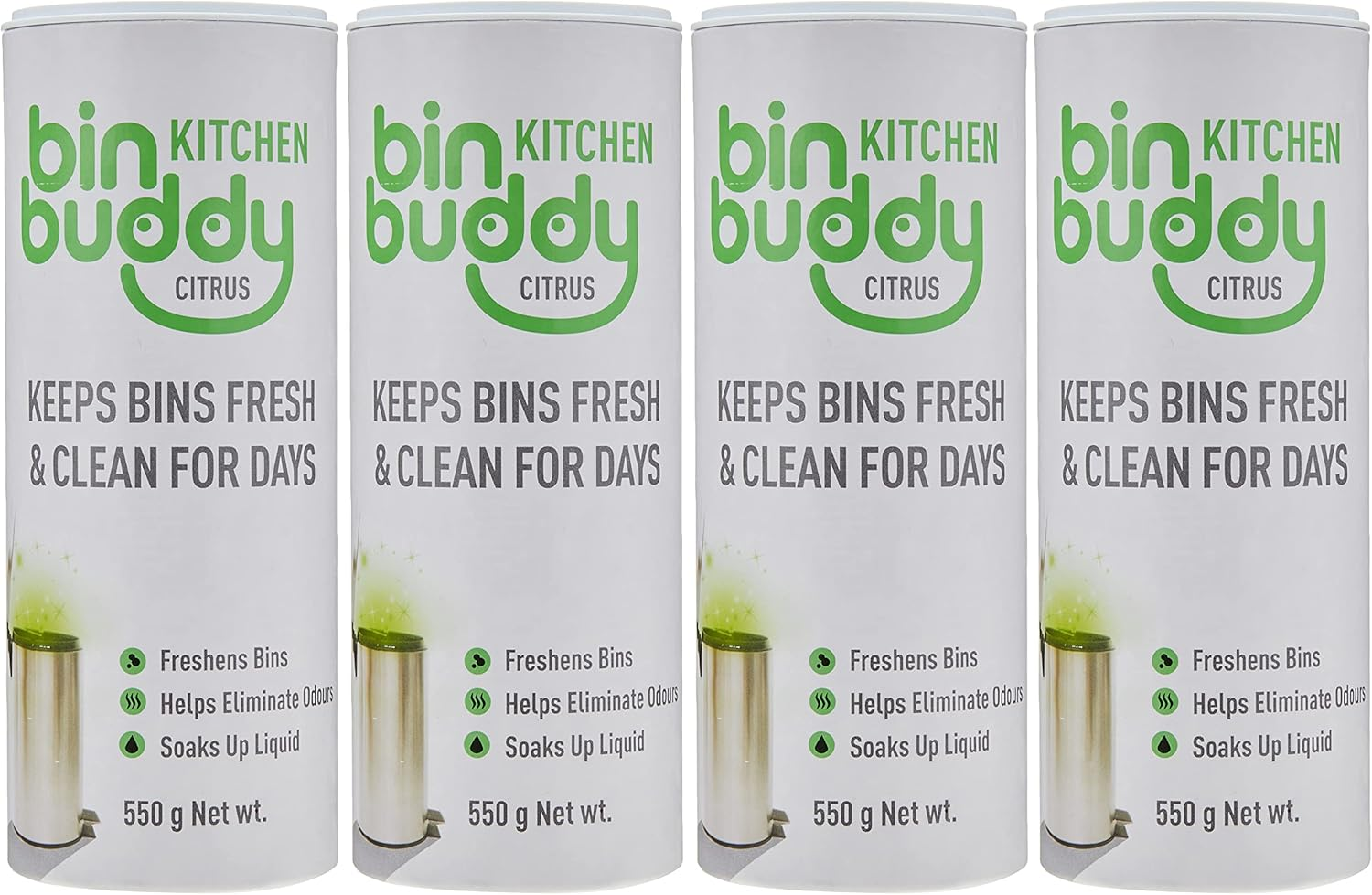 Bin Buddy Kitchen, 550G, 4 Pack, Citrus Bin Freshener Deodoriser Powder, Leaves Your Bin Smelling Great, Suitable for Indoor and Outdoor Bins image number 2