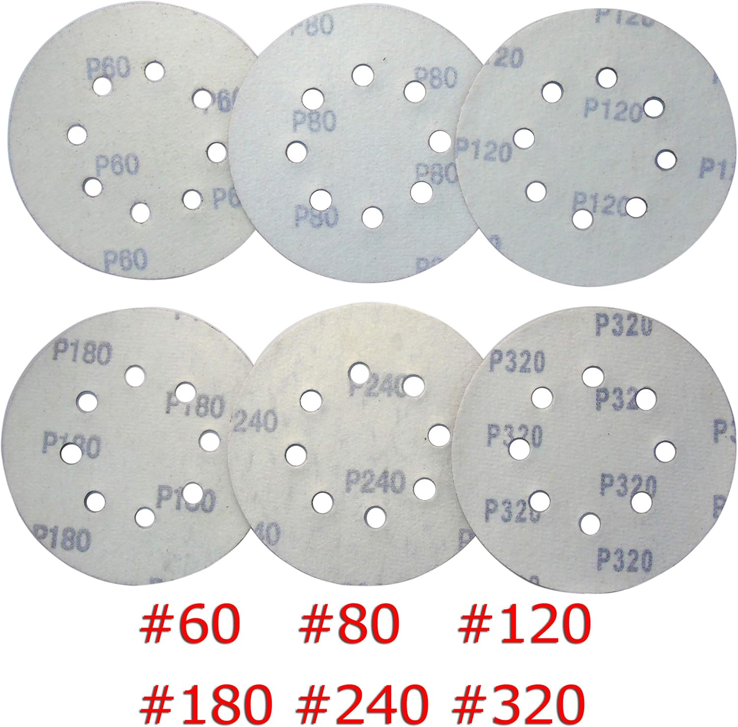 5 Inch 8 Holes Sanding Discs 60 80 120 180 240 320 Sandpaper for Random Orbital Sanders (60 Pcs 6 Kind #60-#320) image number 5