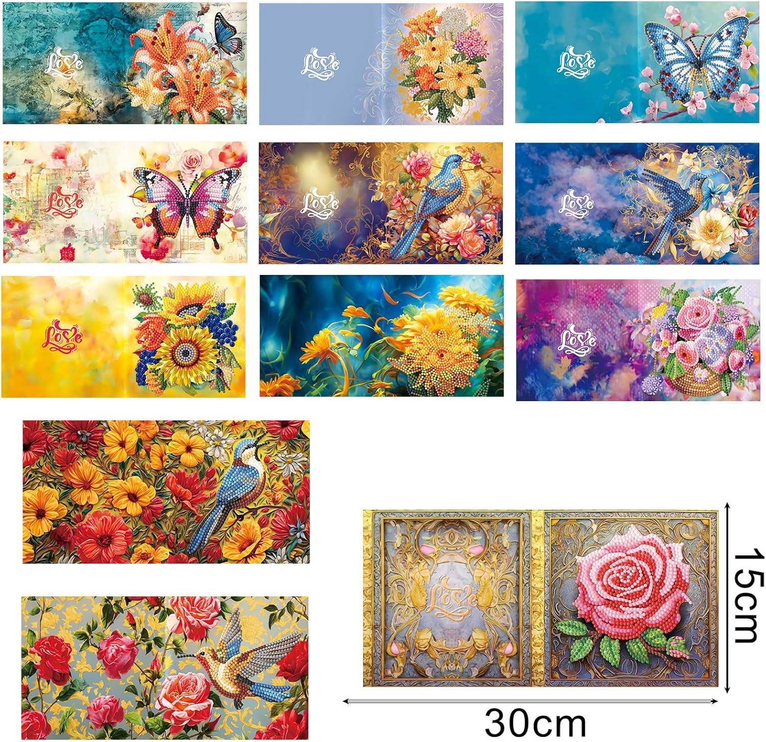 Pigpigboss 12 Packs Flower Butterfly Diamond Painting Greeting Card Kit Bird Diamond Art Greeting Cards Special Shaped Diamond Painting Greeting Card Arts Crafts for Birthday Thanksgiving Day