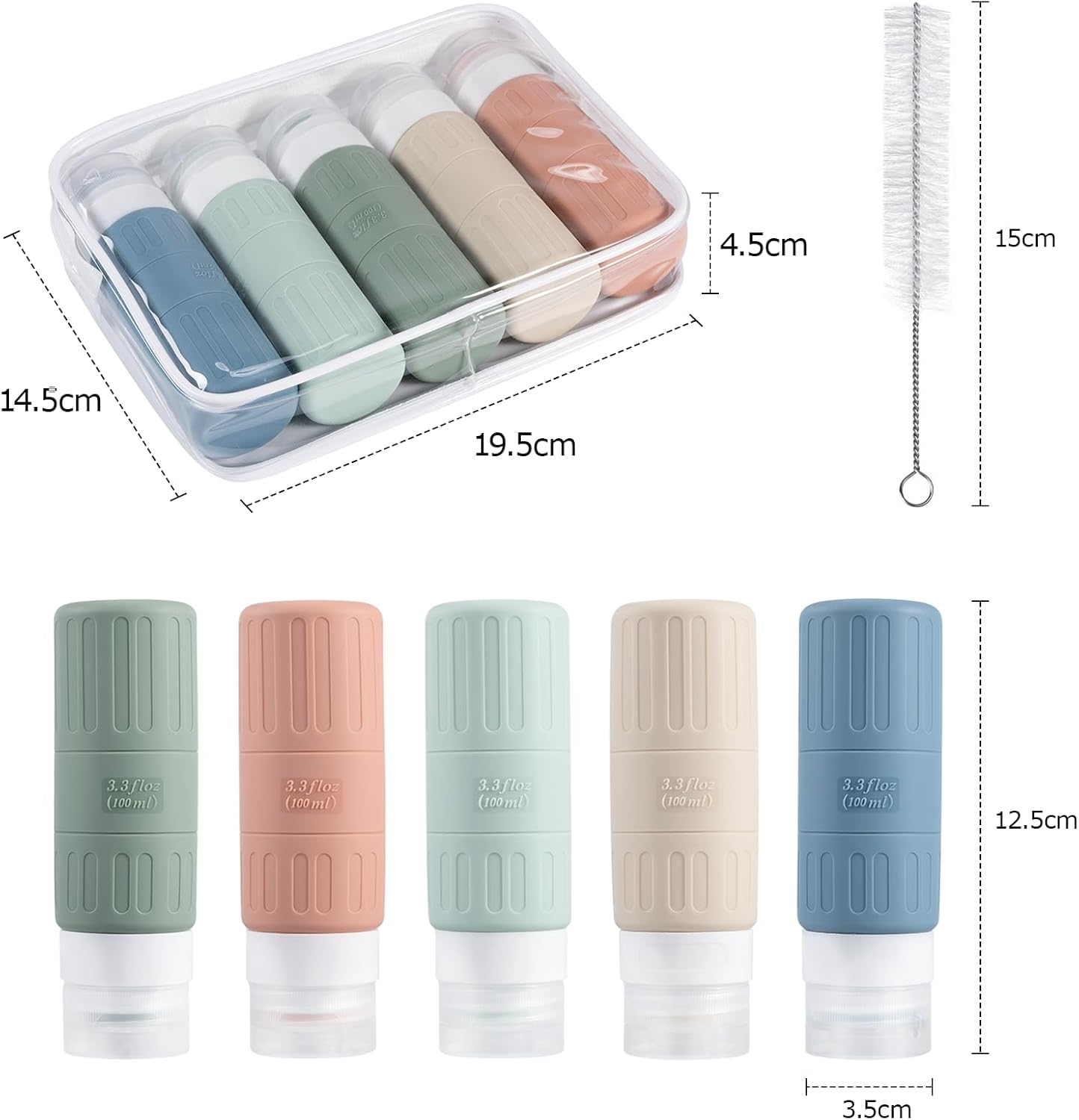 Carehabi 100 Ml Bottles for Filling, Pack of 5 Silicone Travel Bottles Travel Bottles for Shampoo Shower Gel Cosmetics, Squeeze Bottles Travel Bottles Hand Luggage Aeroplane image number 3