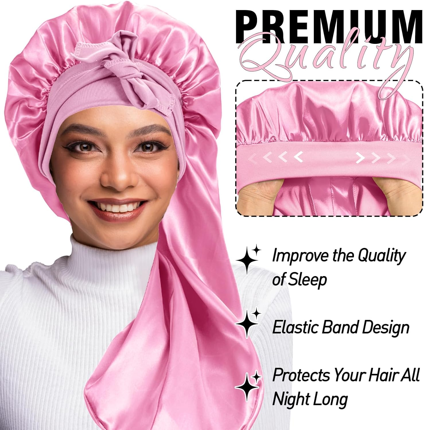 Bonnets for Black Women Braid Bonnet, Large Long Satin Bonnet for Braids, Silk Bonnet with Stretchy Tie Band Sleep Cap Hair - 2Pcs-Black-Silver Pattern image number 5