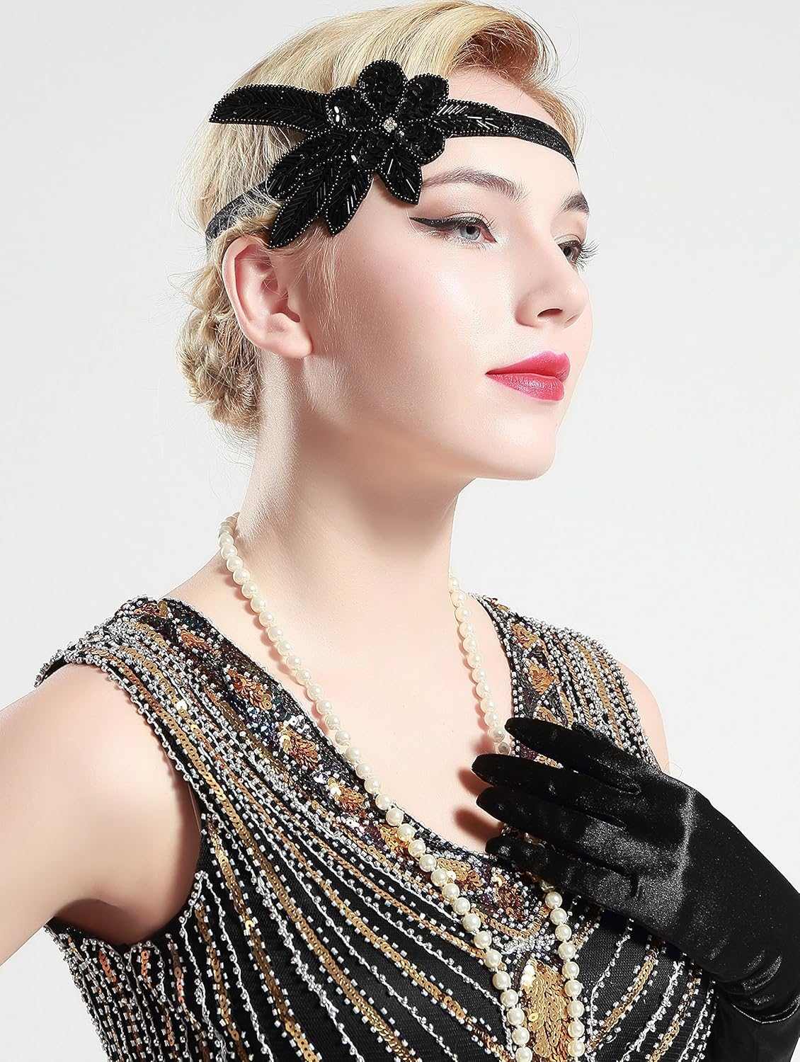 BABEYOND Women'S Flapper Headband Black 1920S Gatsby Headpiece Crystal Beaded Headband for Girls (Black)(Size: One Size) image number 5