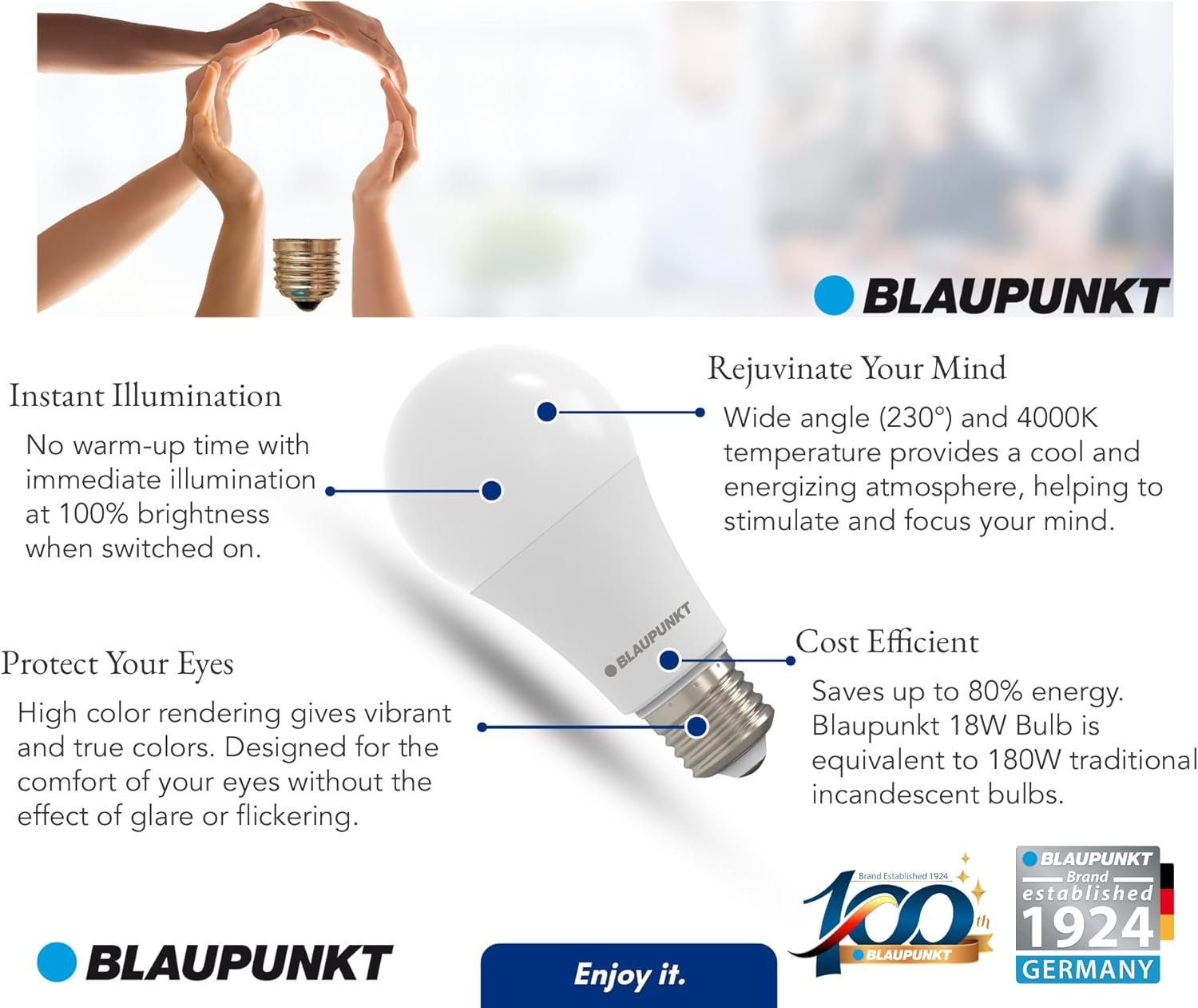 Blaupunkt LED Bulb A65 LED Lamp, E27 Base Screw, 18W, Replaces 180W Incandescent, Natural White 4000K, Neutral Daylight, Non-Dimmable, 1980 Lumen, Light, Room Lighting, 1 Piece (Pack of 1) image number 6