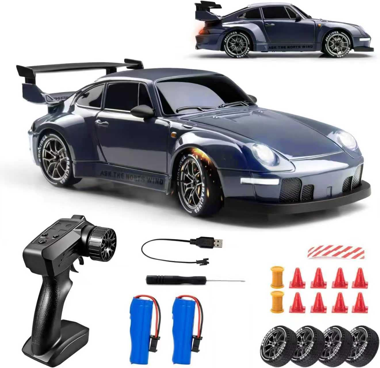 RC Drift Car, 1:24 Scale Remote Control Vehicle with LED Lights, 2.4Ghz 20KM/H 4WD High Speed RC Cars, Drifting Tires＆Two Batteries, Racing Sports Toy Idea Great for Adults Boys Girls and Kids image number 4