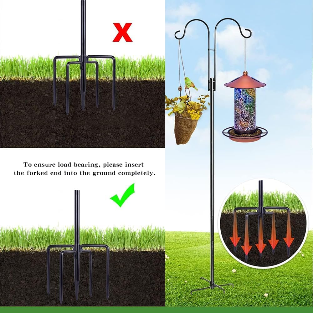 Double Shepherd Hooks for Outdoor &ndash; Heavy Duty Bird Feeder Pole with 5-Prong Base for Hanging Bird Feeders, Hummingbird Feeders, Lanterns, Plant Baskets, Garden Decoration