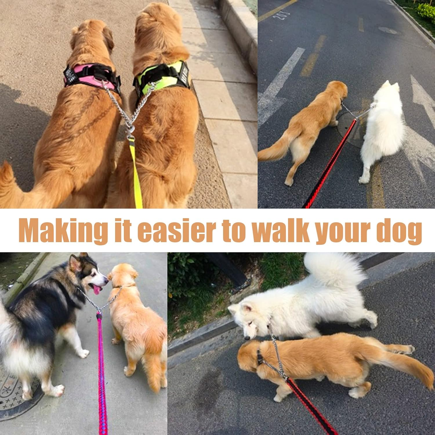 Metal Double Dog Leash 2 Way No Tangle Coupler Double Pet Dog Lead Leashes Twin Large Medium Small Dogs (L-4.0Mm*70Cm) image number 3