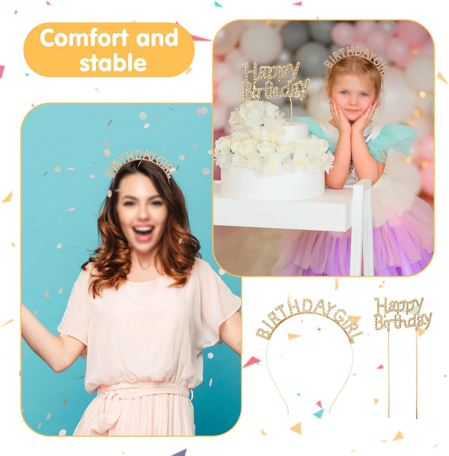 Mynoozi 2PCS Birthday Headband and Cake Topper Kit,Crown Happy Birthday Headband for Women Girls,Rhinestone Happy Birthday Accessories,Cake Decoration-Iron Gold image number 1