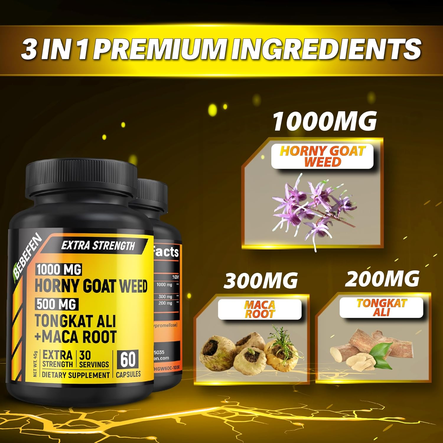 Horny Goat Weed for Men - Extra Strength with Black Maca Root, Tongkat Ali - 60 Capsules image number 1
