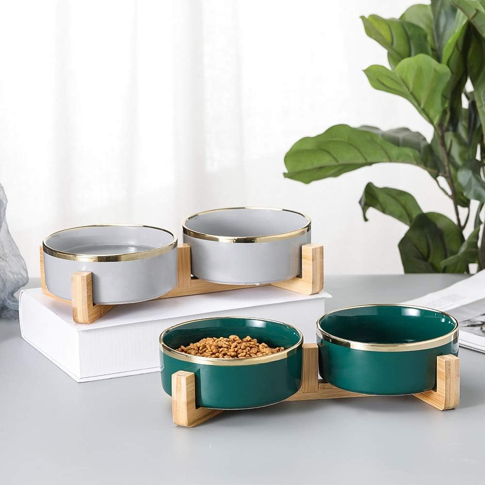 Green Gold Ceramic Cat Dog Bowl Dish with Wood Stand No Spill Pet Food Water Feeder Cats Medium Dogs Set of 2 image number 5