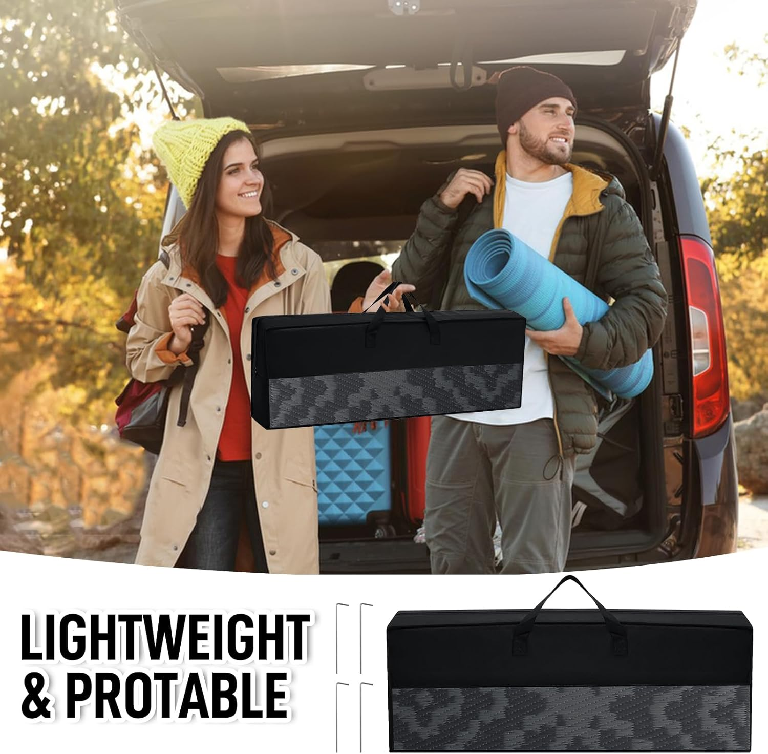 Outdoor Camping Rug Waterproof 9X12Ft, Large Reversible Stain&Uv Resistant Plastic Straw RV Rug for outside Patio Pool Deck Beach Indoor, Area Carpet Mat with Portable Bag&4 Stakes-Black Grey Rhombus image number 1