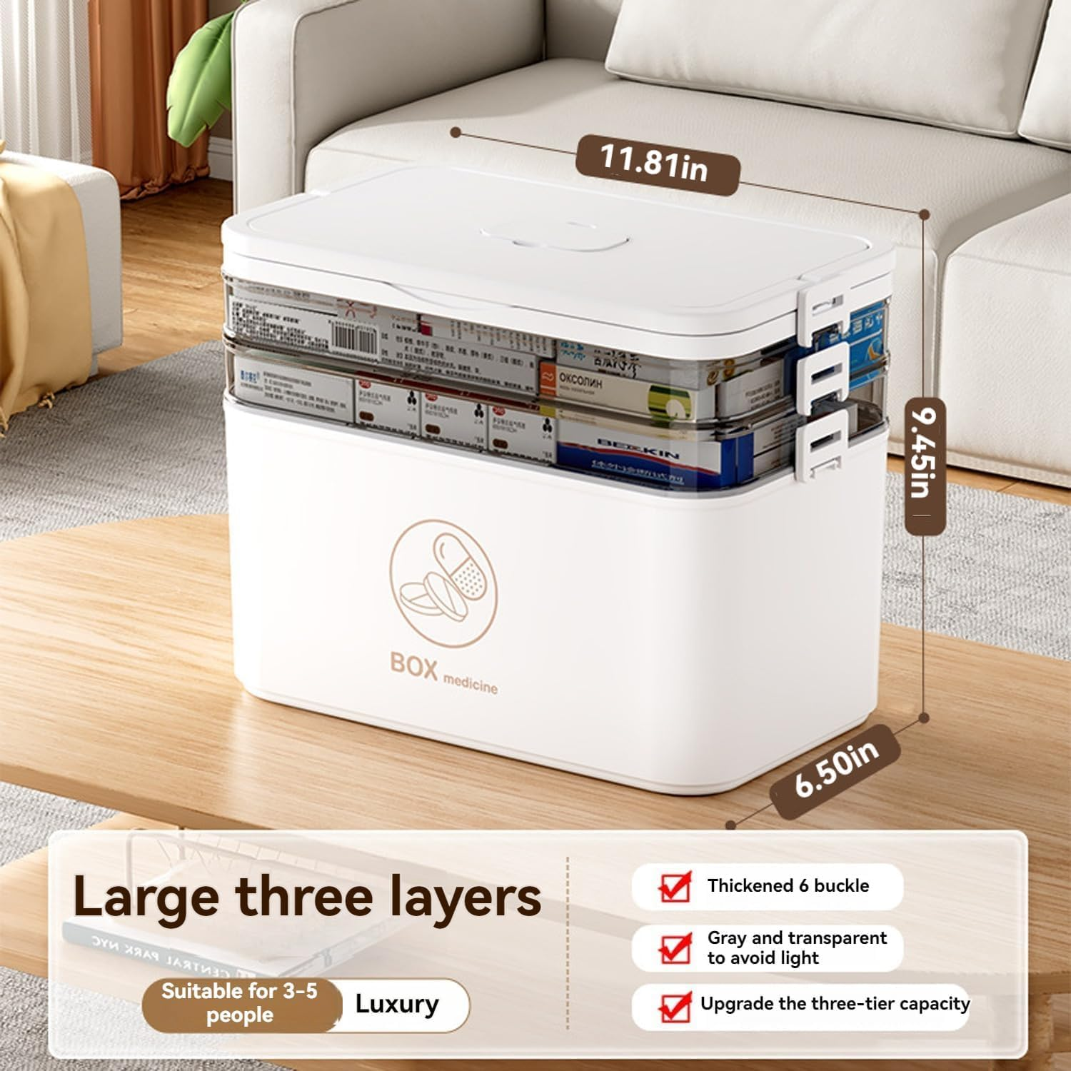 3-Tier Medicine Storage Box, Portable Medicine Cabinet, Portable First Aid Kit Container, Multipurpose Plastic Organizer with Handle for Home, Travel, Family Emergencies image number 2