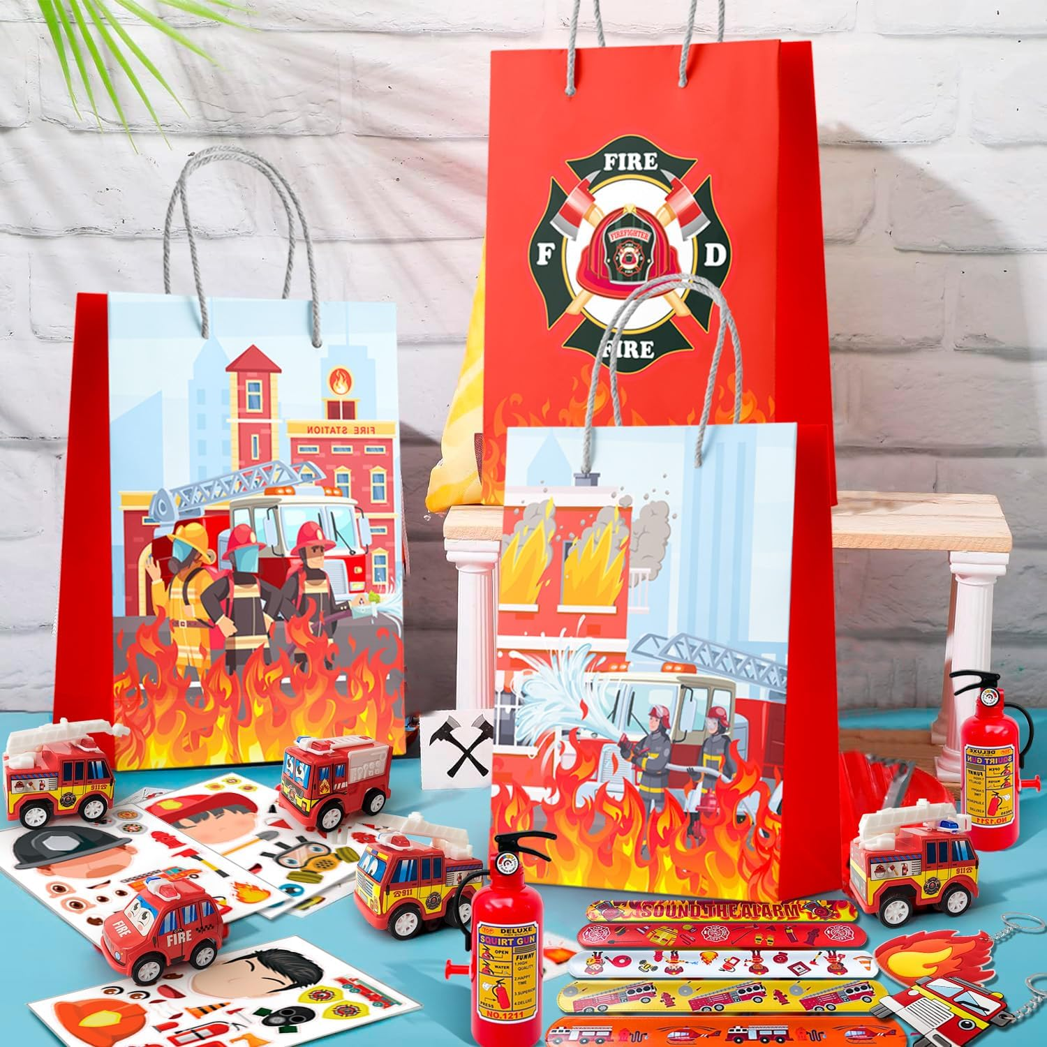 Firefighter Party Favors,72Pcs Fire Truck Party Favors Set- Firefighter Party Stickers Slap Bracelets Keychains Etc Firefighter Themed Party Favors for Firefighter Birthday Party Decorations Supplies image number 2