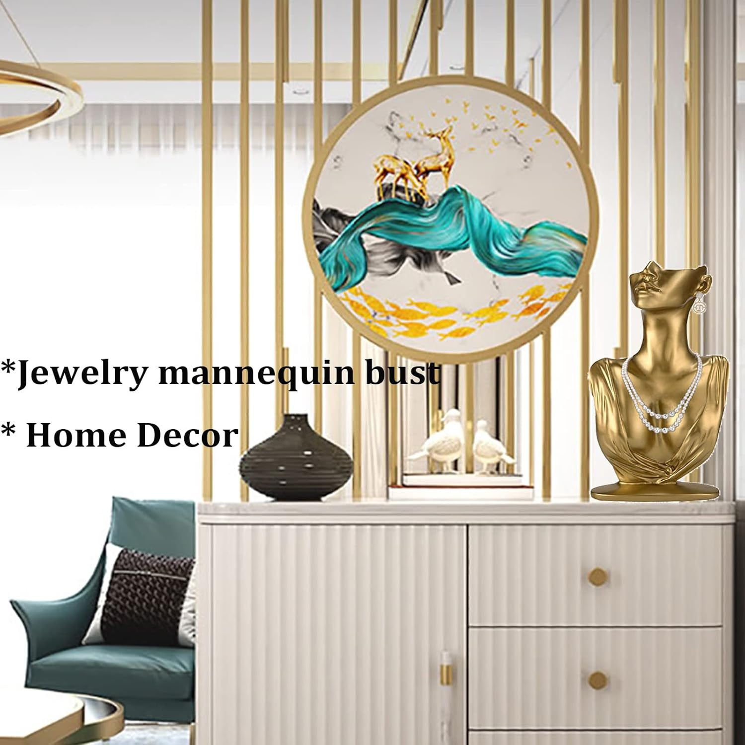 Papinimo Resin Jewelry Mannequin Bust Necklace Display Earring Pendant Chain Display Stand Model Holder for Shows Selling Home Decor, Gold Color - Black image number 7