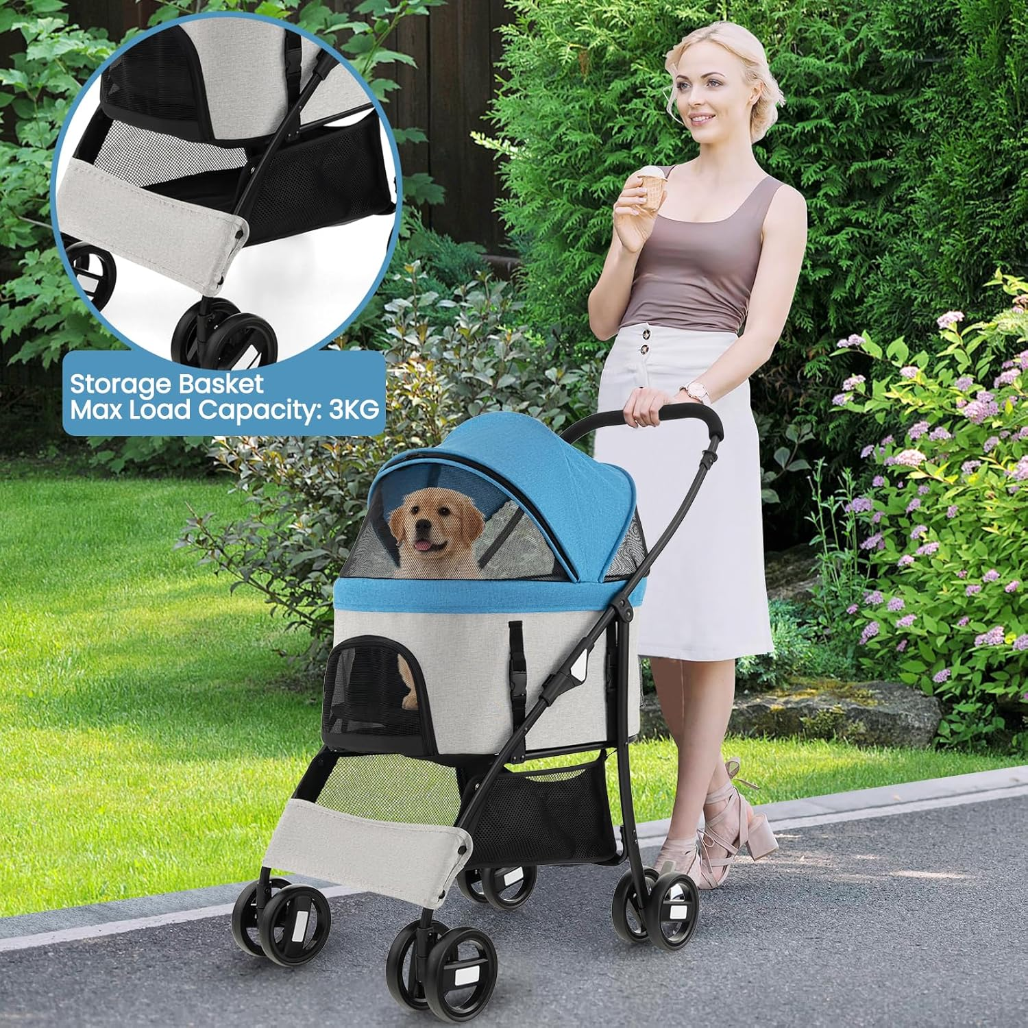 Costway 3-In-1 Pet Stroller with Removable Car Seat Carrier, Foldable Dog Cat Stroller with 4-Level Adjustable Canopy & Storage Basket, 4 Wheel Travel Strolling Cart for Small & Medium Sized Dogs (Ori Blue) image number 2