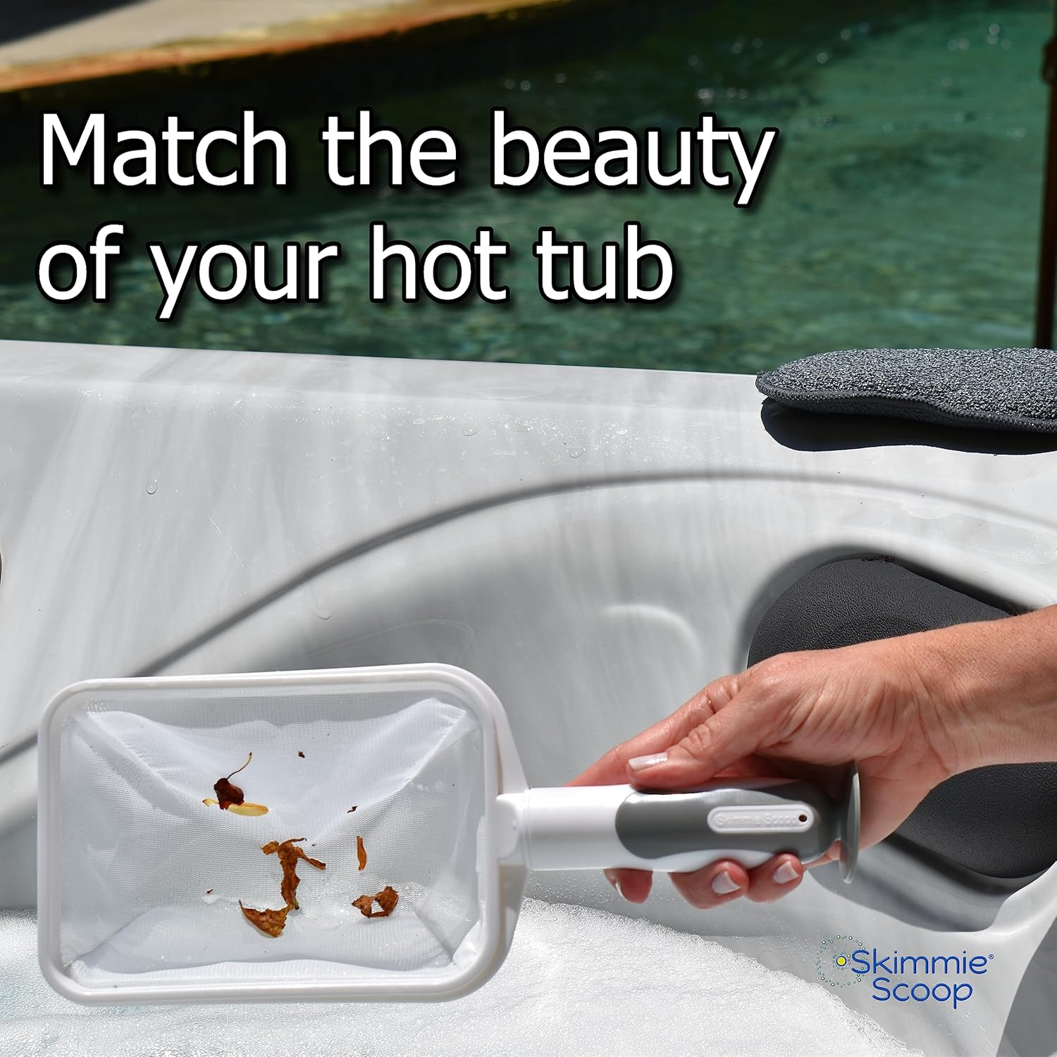 The Skimmie Scoop - Patented Handheld Skimmer with Fine Mesh Net for Spa, Hot Tub, Cold Plunge and Small Pool Cleaning - Lightweight and Durable with Powerful Suction Cup - Clean Out Filter (White) image number 5