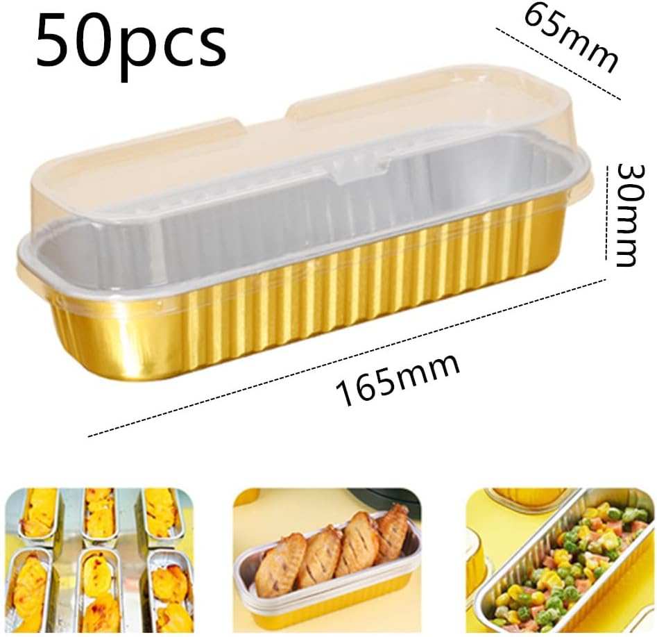 Mini Cake Pans, Cuicanfla 50 Pack Mini Golden Loaf Pans with Lids, Rectangular Aluminum Foil Baking Pans, Cupcake Containers Wrappers Cheesecake Creme Brulee Ramekins, for Home Picnic Party image number 1