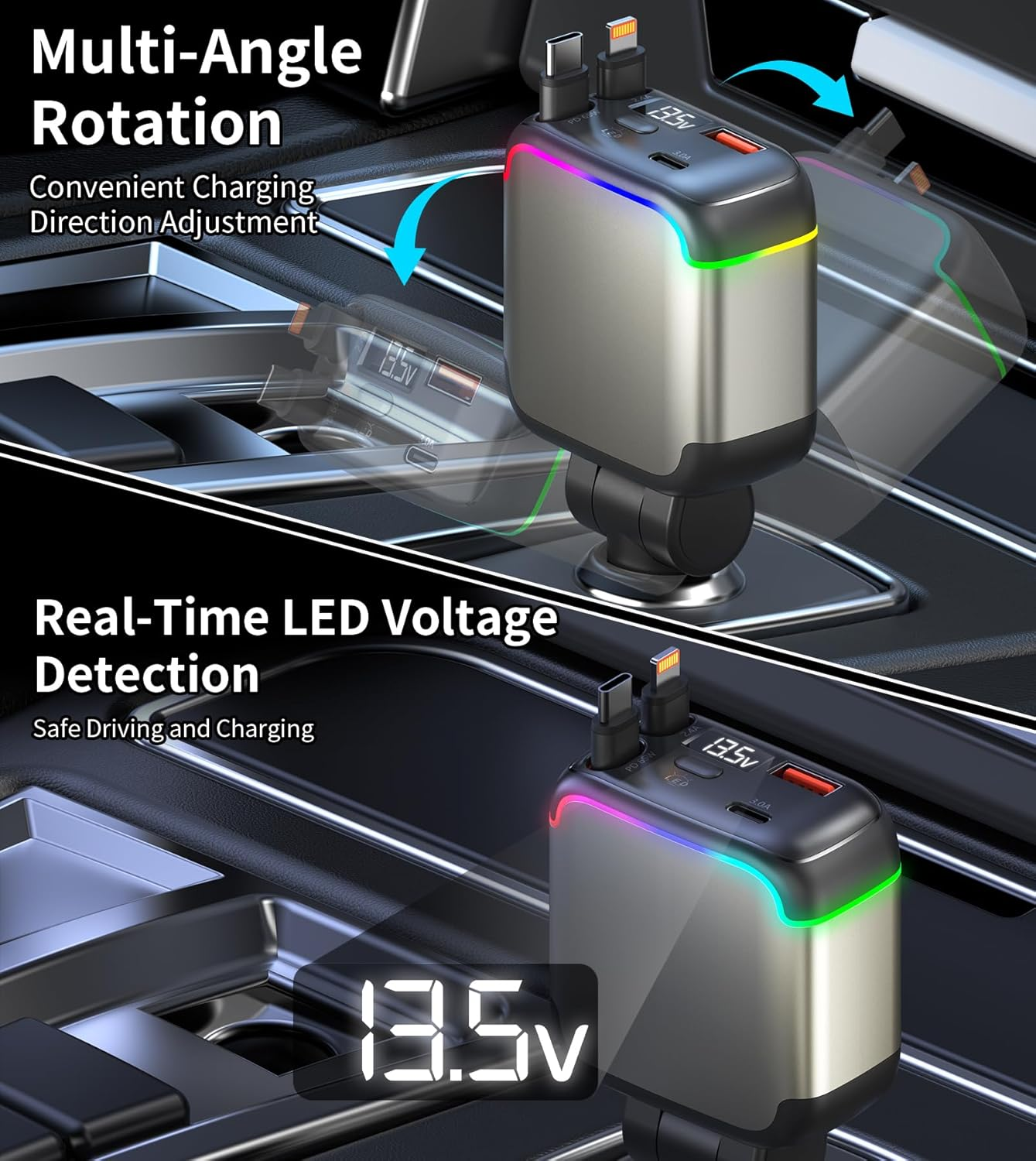XXZU 137W Retractable Car Charger with 90Cm Built-In Cables, Fast Charging Car Phone Charger with Voltage Display, USB-C/USB-A with PD, Car Adapter Compatible with Iphone, Galaxy, Macbook, Ipad image number 2