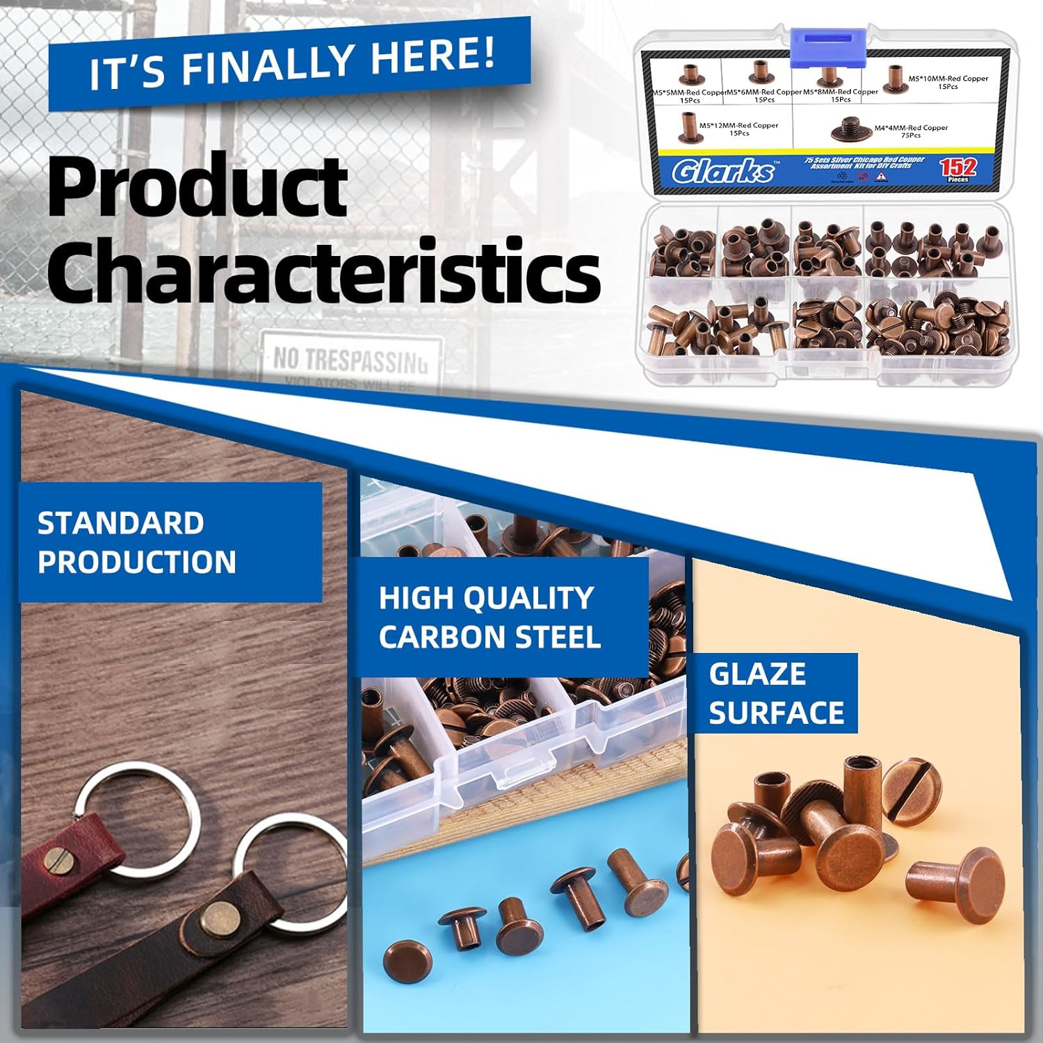 Glarks 150 Sets Red Bronze Chicago Screws Assorted Kit, M5 X 5Mm, 6Mm, 8Mm, 10Mm, 12Mm Chicago Rivets and 4X4Mm Flat Head Stud Screw, Nail Rivet Chicago Button Screw Posts Metal Accessories image number 4