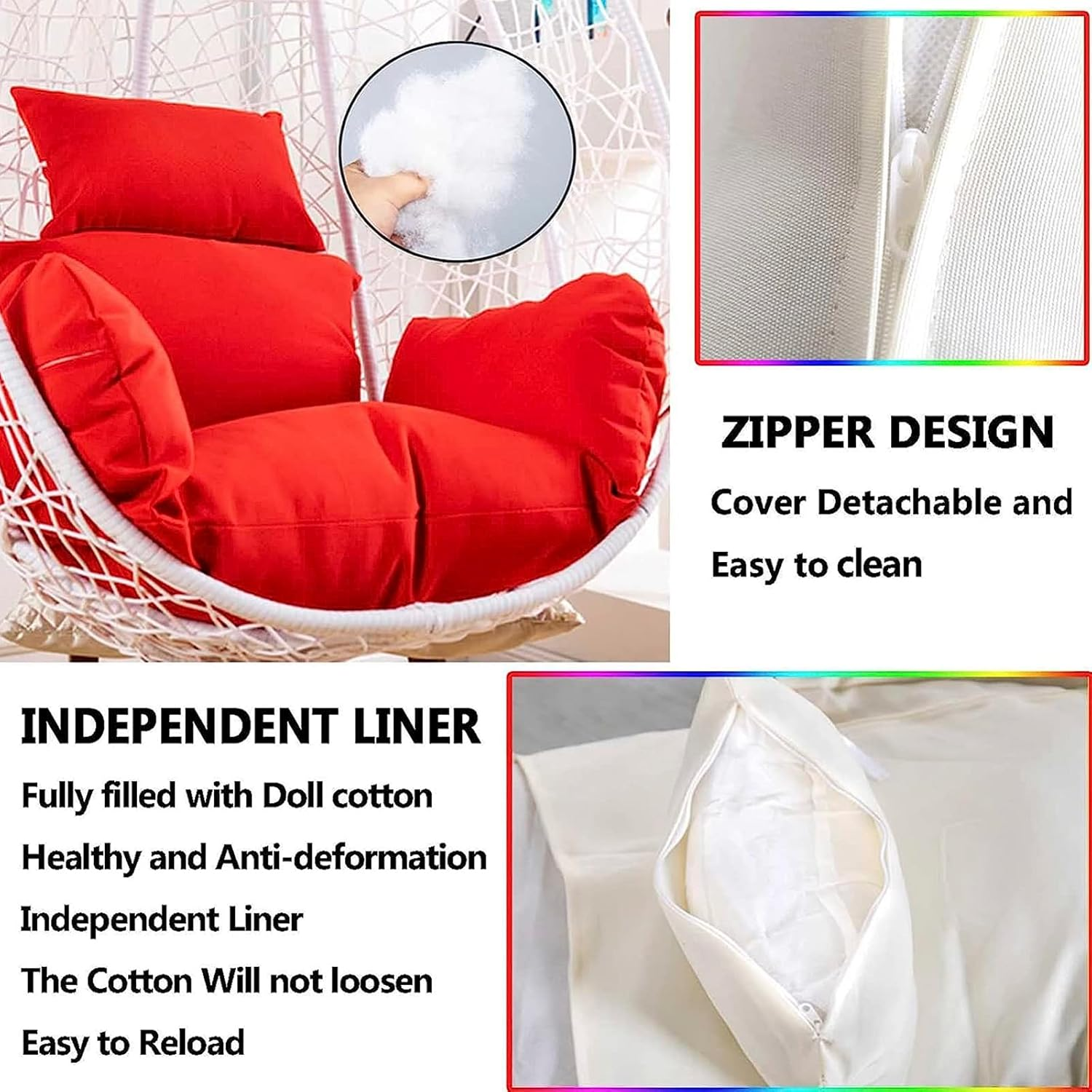 Cushion Egg Swing Cushion, Fluffy Outdoor Hanging Chair Cushion, Waterproof Replacement Cover for Hanging Chair Cushion, Hanging Chair Cushion with Headrest and Armrests, White