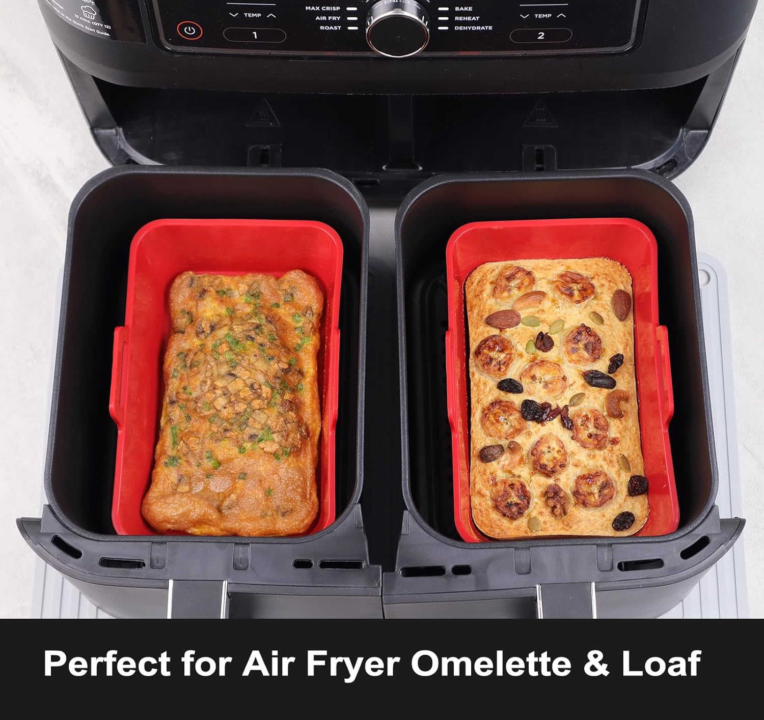 Air Fryer Loaf Tins, Silicone Baking Moulds for Ninja Dual Air Fryer, Pack of 2 Air Fryer Accessories, Black - Red image number 1