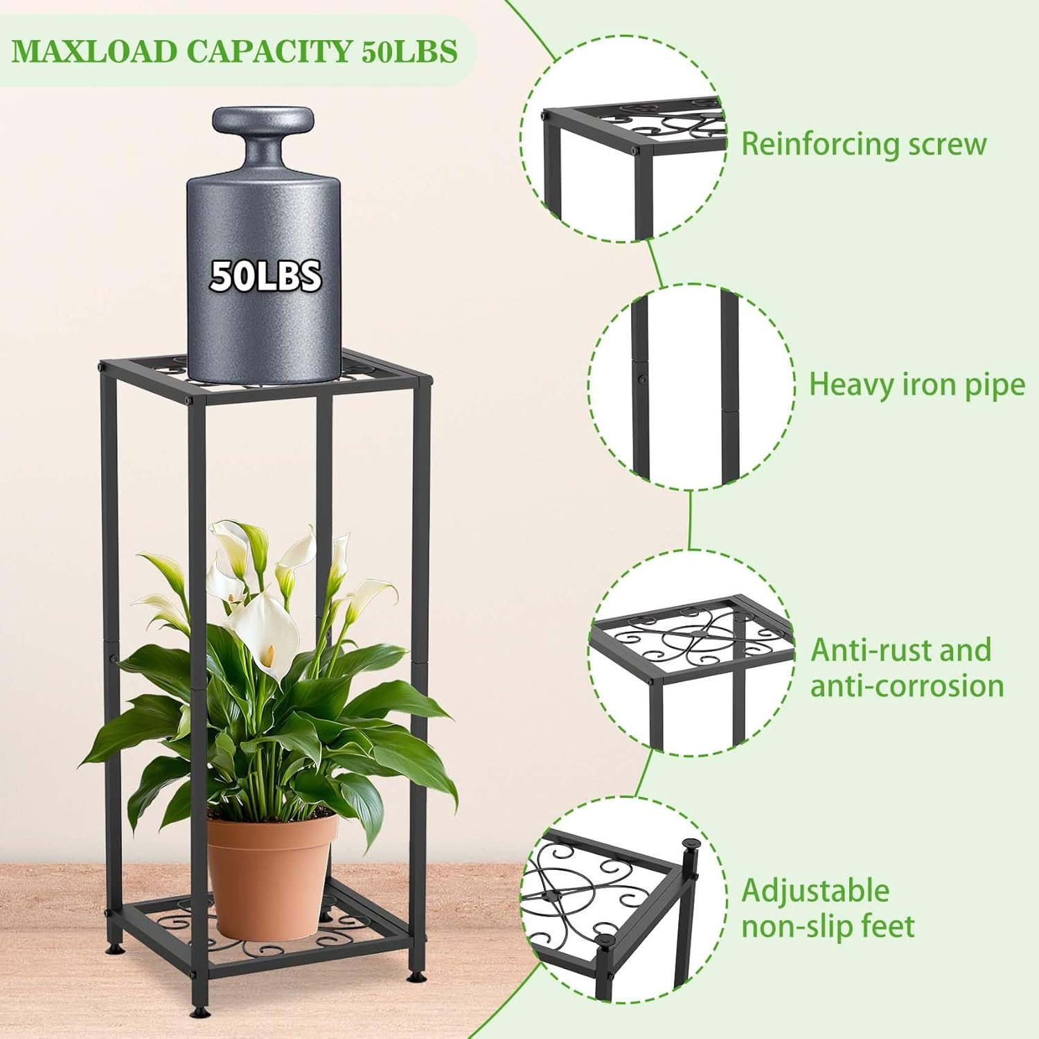 Plant Stand Indoor Plant Stand Outdoor Waterproof Metal Tall Plant Stand 2 Tier Plant Stands Black Plant Shelf Holder Rustproof Stable Plant Stands for Living Room Balcony Garden