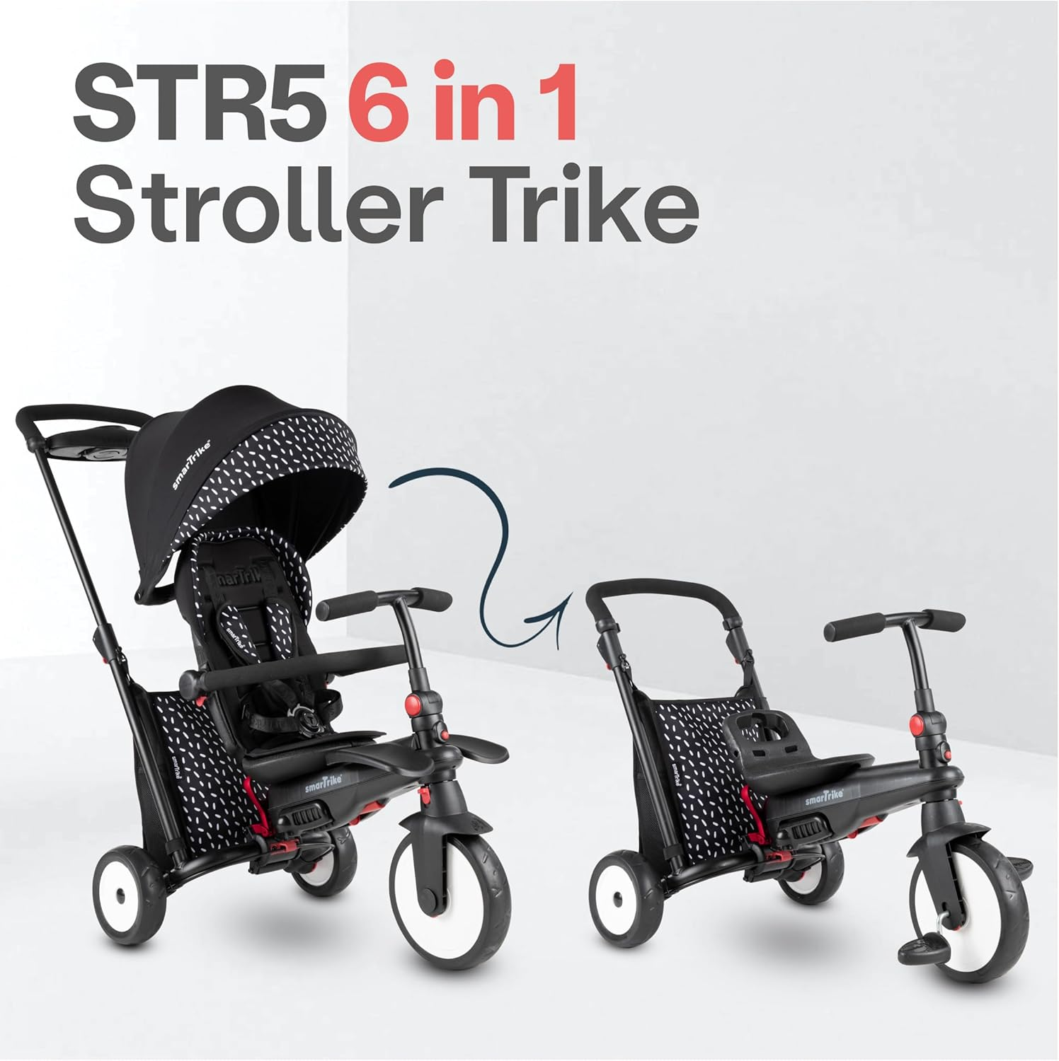 Smartrike STR5 6-In-1 Folding Baby Tricycle, Black & White image number 1